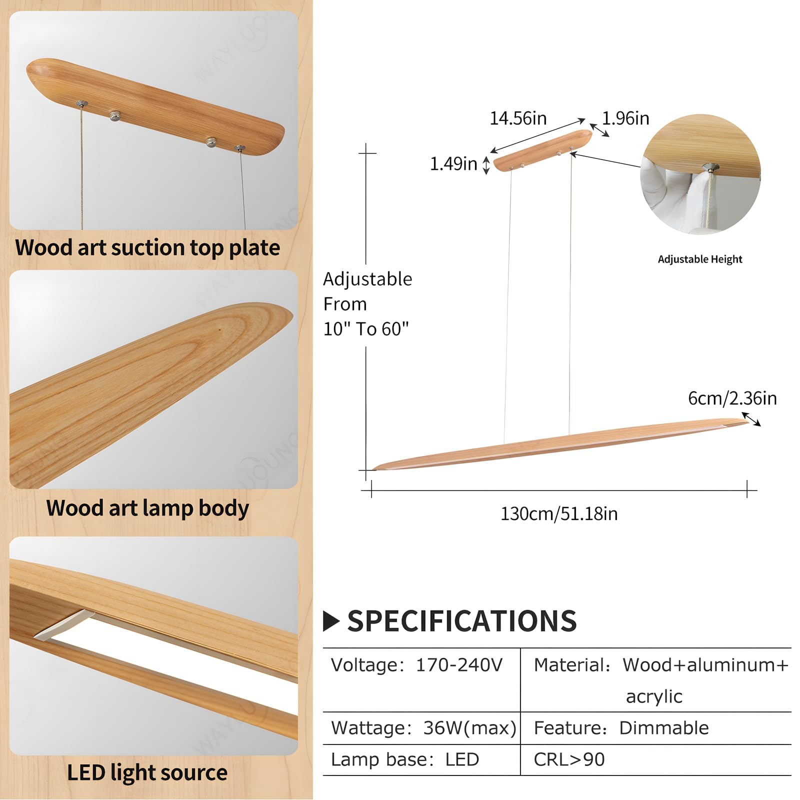 Lampada A Sospensione A LED In Legno Per Tavolo Da Pranzo, Dimmerabile Con Telecomando, Lampada Sospensione Altezza Regolabile Design Lineare Moderno Lampada Soggiorno Sospesa Per Sala (130cm)