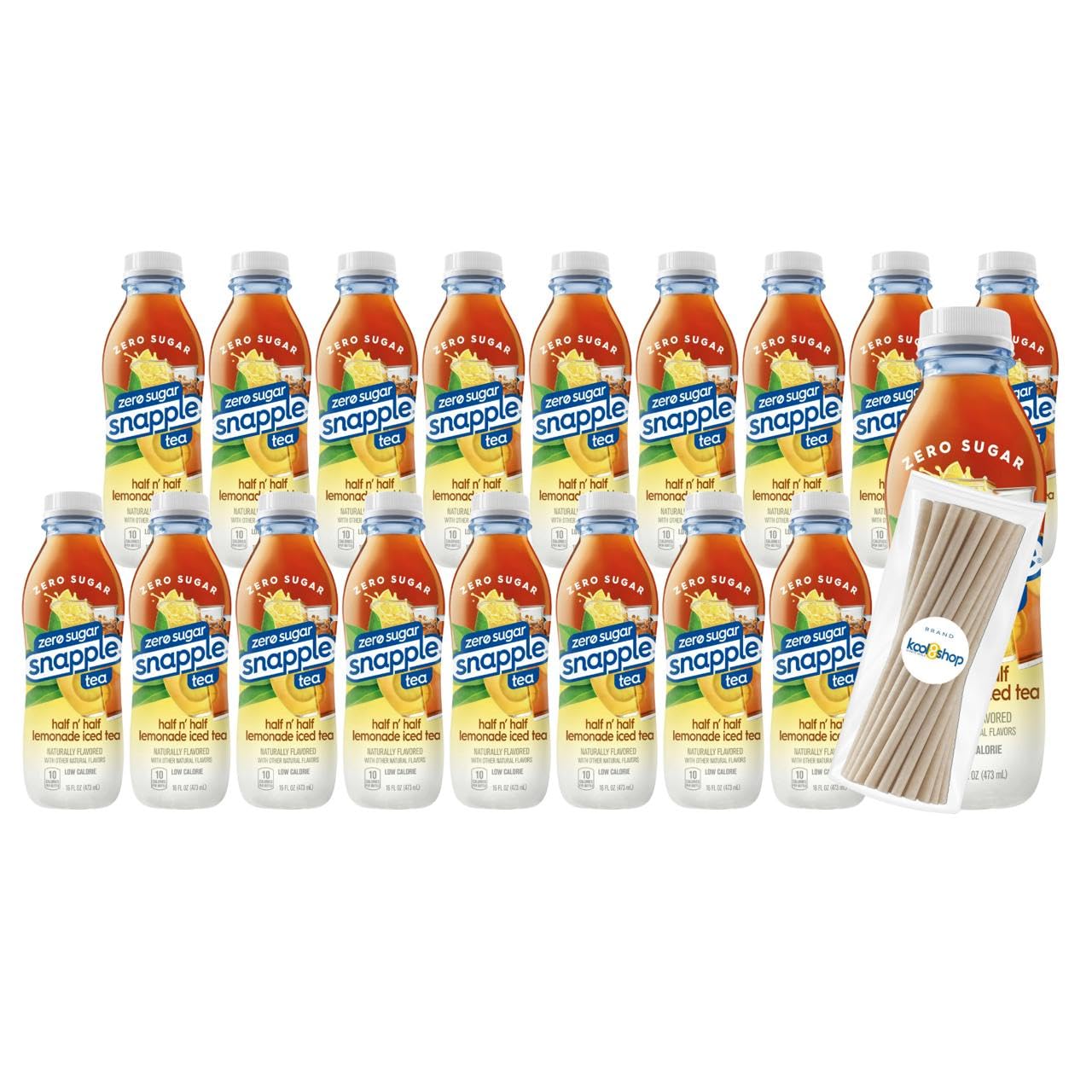 Snapple Zero Sugar Half and Half Lemonade All Natural Iced Tea 16 fl oz Plastic Bottles 16 Pack + 15 Sugarcane Disposable Straws by KOOL8SHOP Infinite Deals