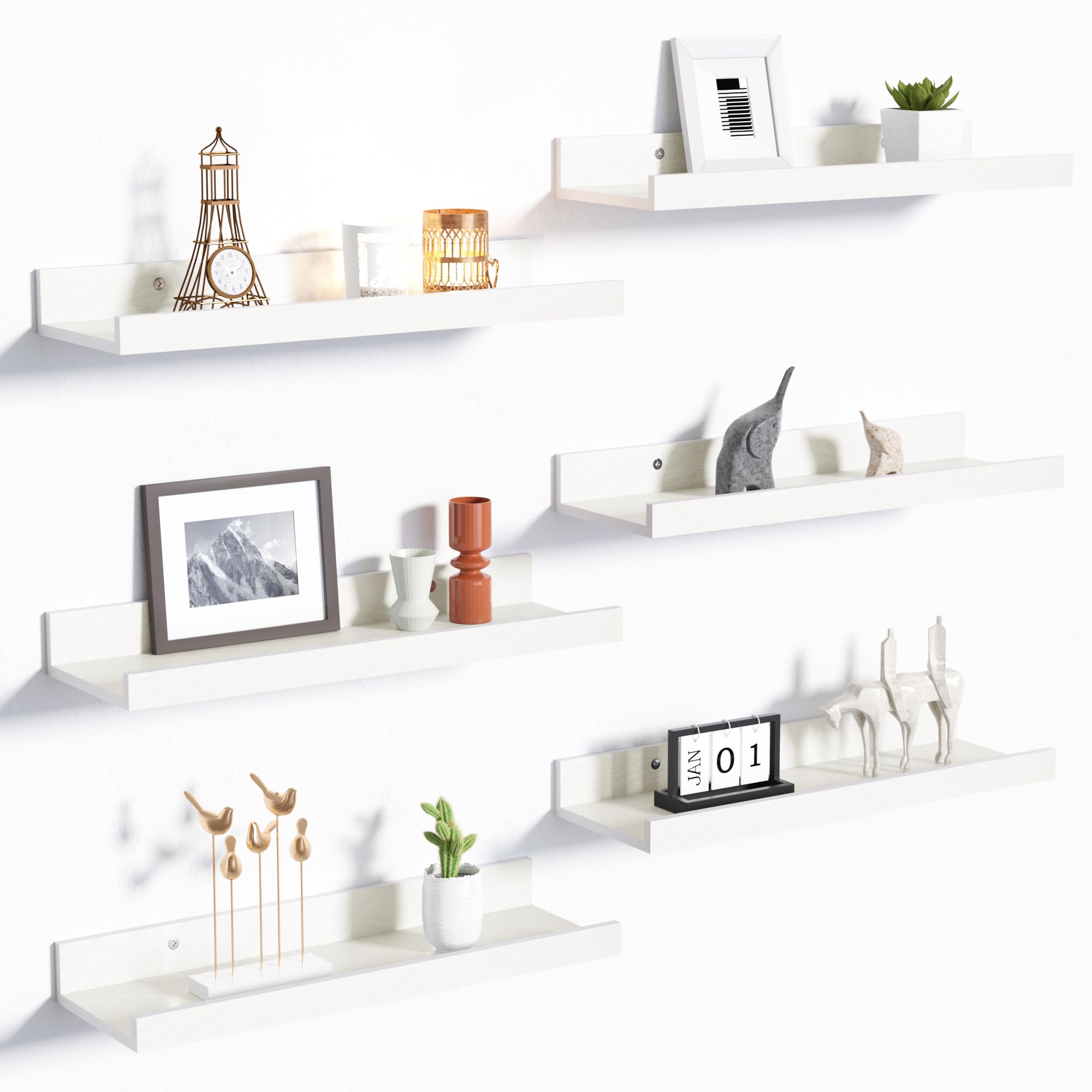 upsimples Floating Shelves for Wall, Wall Shelves for Decor Storage Set of 6, Wall Mounted Wood Shelves for Bedroom, Living Room, Bathroom, Kitchen, Picture Ledge Shelves, Whiteupsimples Floating Shelves for Wall, Wall Shelves for…