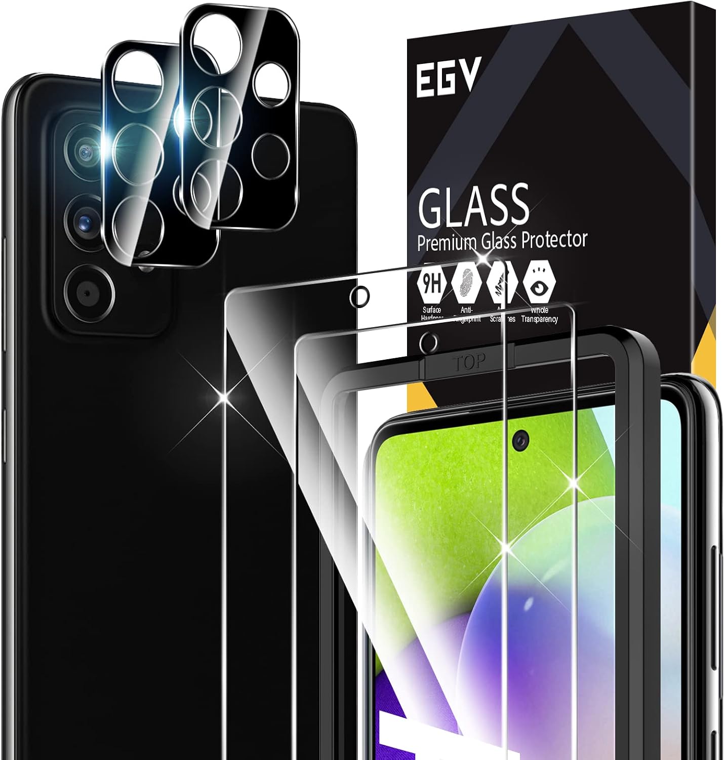 EGV 4Pack 2pcs Screen Protector and 2pcs Camera Lens Protector Compatible with Samsung Galaxy A52 4G / 5G, [Easy Installation Tray] HD Clear [Anti-Scratch] [Bubble-free] [Work With Case]