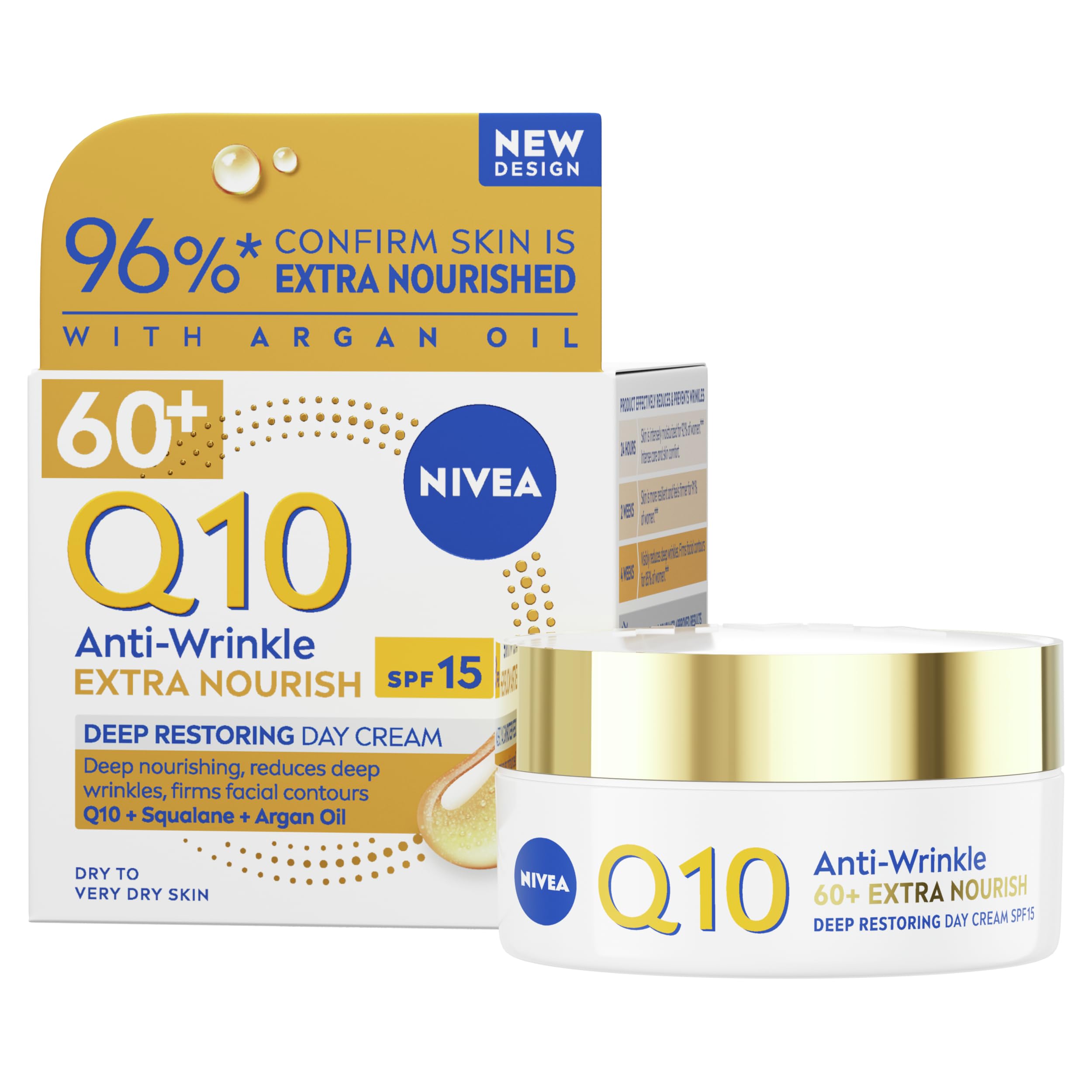 NIVEA Q10 Anti-Wrinkle 60+ Extra Nourishing Day Cream SPF 15 (50ml), Hydrating Day Cream to Reduce Fine Lines and Wrinkles, Nourishing Skincare for Mature Skin