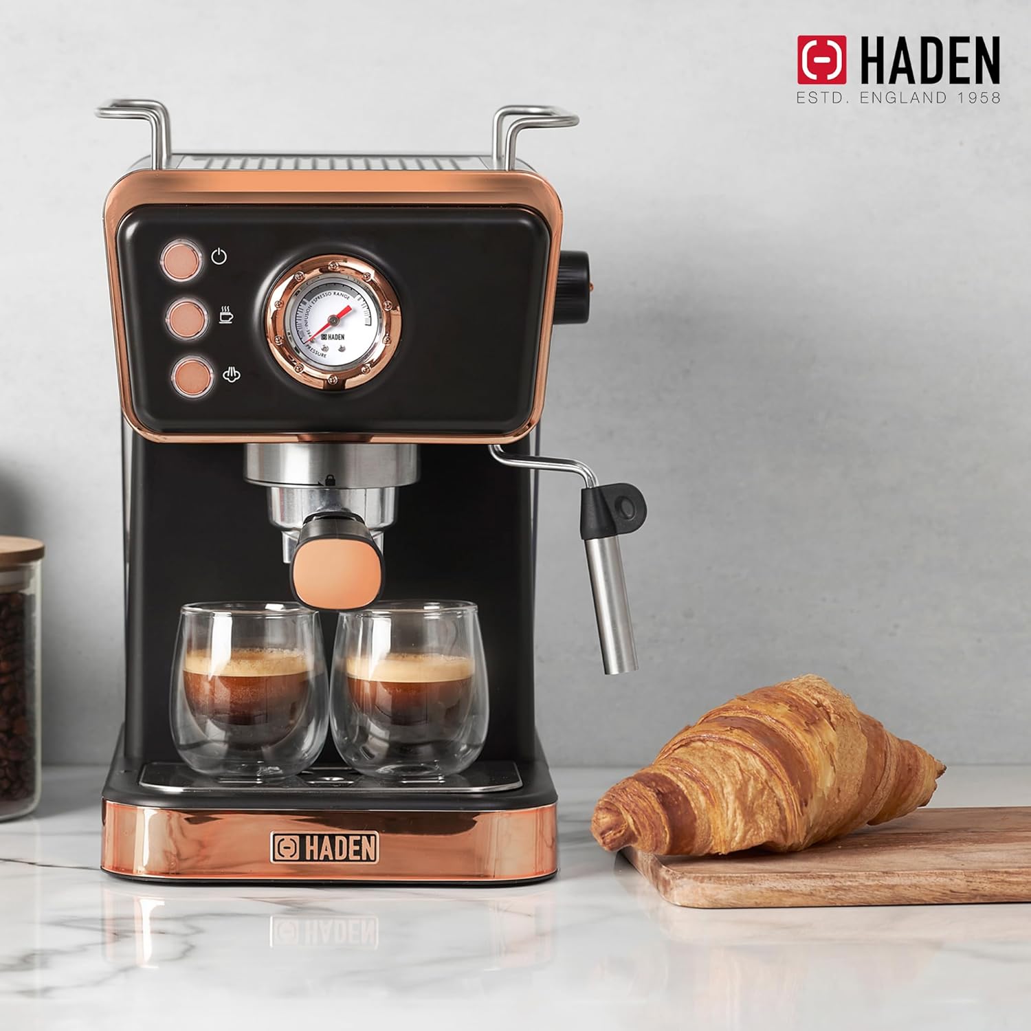 HADEN Barista Brew Espresso Coffee Machine, Stainless Steel Espresso Maker with Milk Frother and Steamer Function and 1.5L Water Tank, Black & Copper