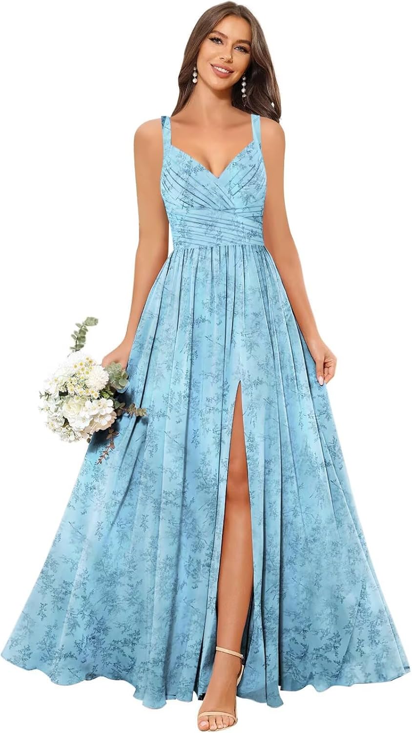 homdor Women's Chiffon Bridesmaid Dresses Long Spaghetti Straps V Neck Ruched A Line Formal Dress