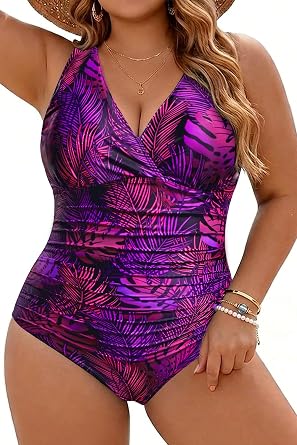 Aqua Eve Women Plus Size One Piece Swimsuits Tummy Control Bathing Suits V Neck Ruched Swimwear