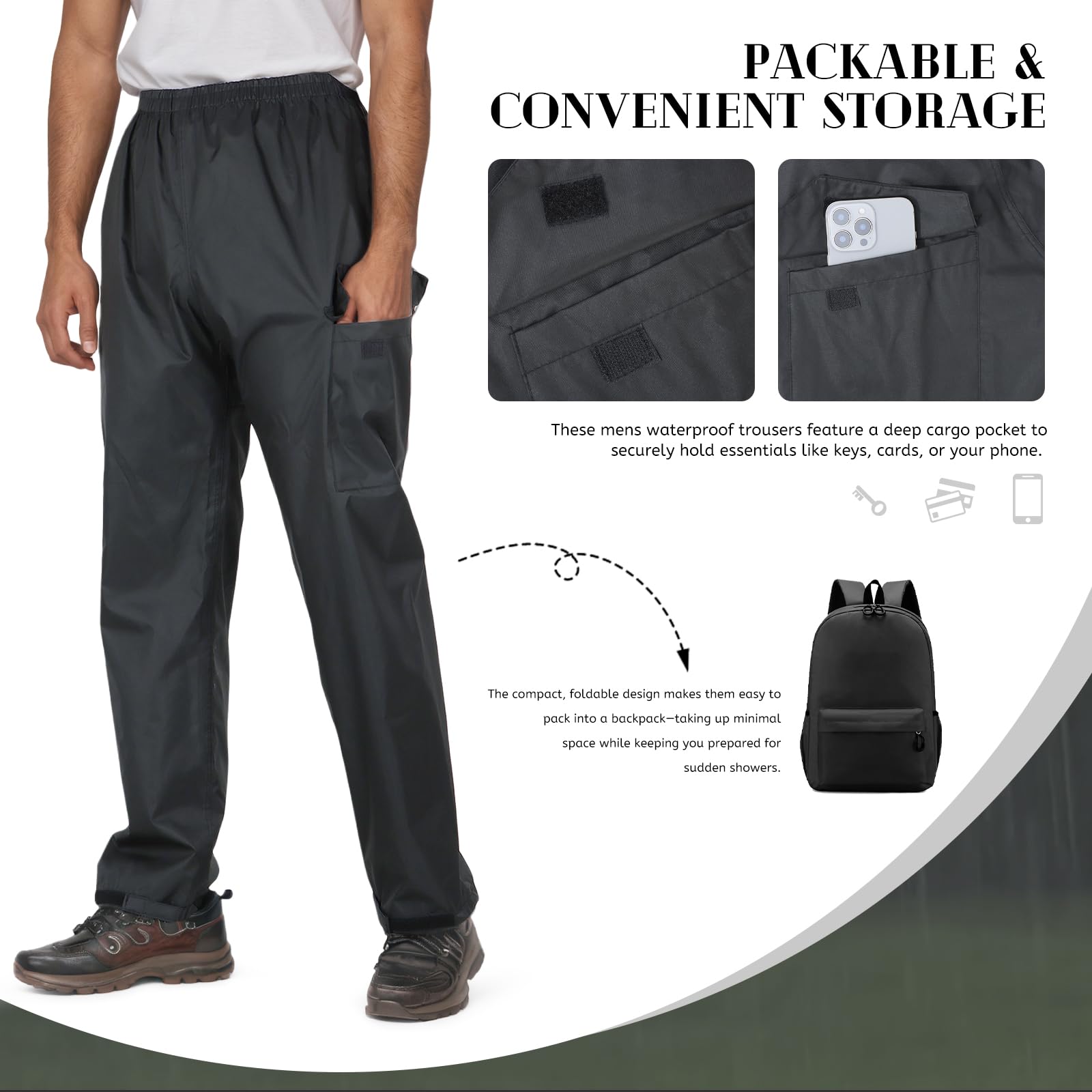 Pantalones Impermeables para Hombre Pantalones de Lluvia para Exteriores Ligeros y Gruesos a Prueba de Viento para Senderismo, Golf, Pesca, Ciclismo