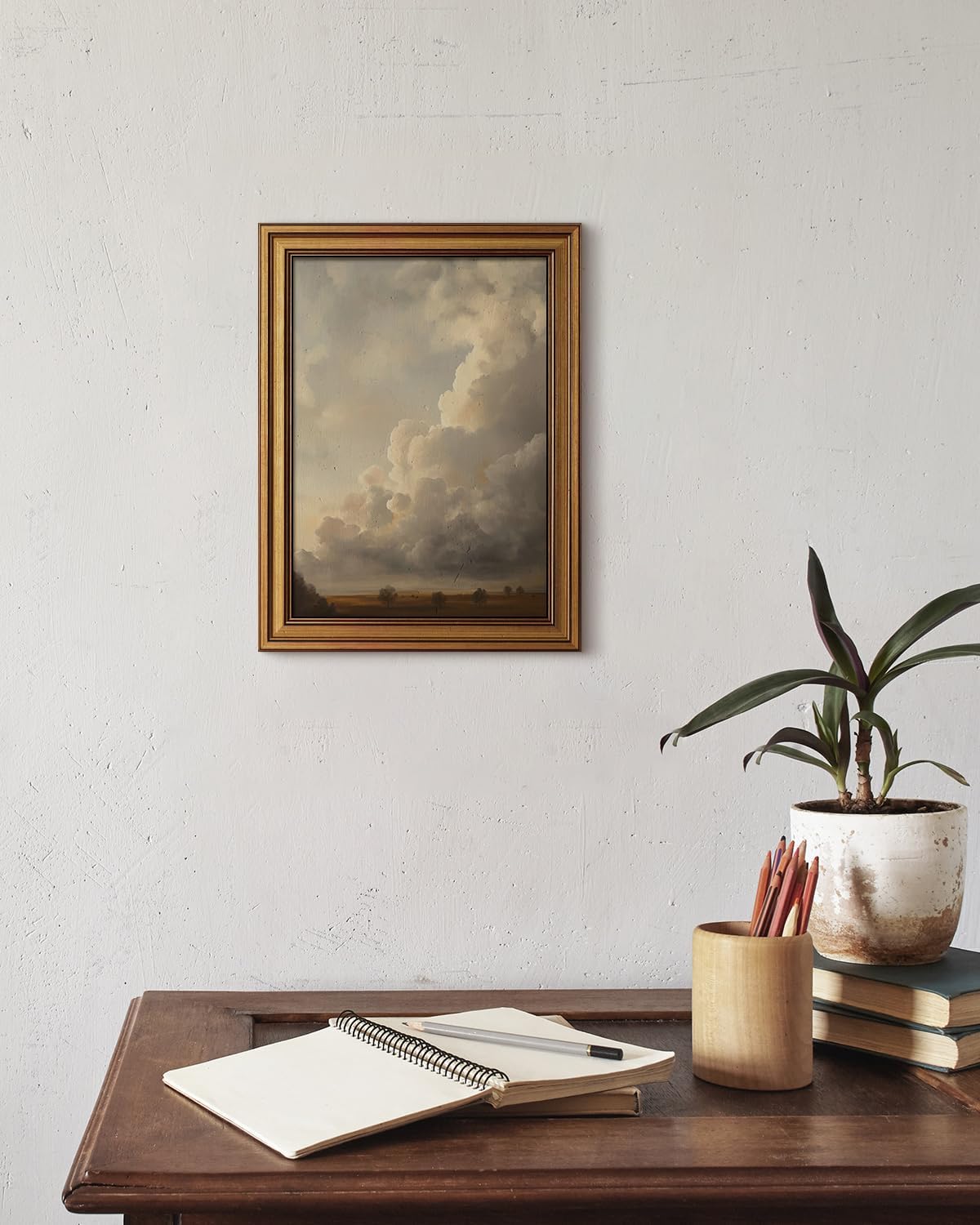 HUARCEY Gold Framed Canvas Wall Art, Cloud Picture Decor, Bedroom Living Room Sky Landscape Nature Decor, Rustic Vintage Neutral Canvas Paintings, 12x16inch