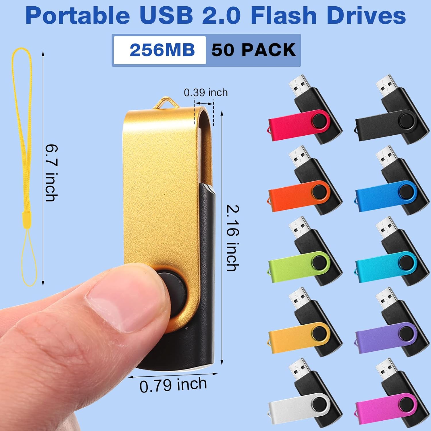 50 Pack 256MB USB 2.0 Flash Drives Bulk with Lanyards Portable USB Thumb Drives Swivel with LED Light Swivel Flash Drive for Office School Data Storage Backup