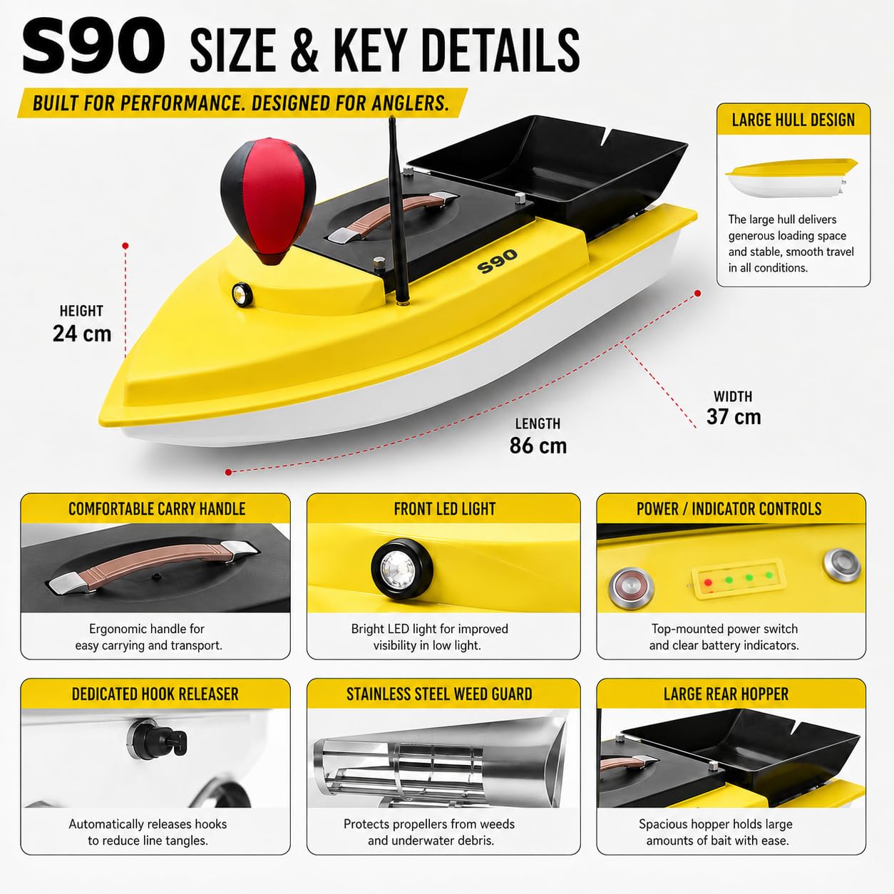 2026 Barco Cebador Carpfishing, GPS, Tolva 5 kg, 4 Palas S9032A | Doble motor sin escobillas de 12 V, retorno automático y 40 puntos para cebado y entrega de aparejos.