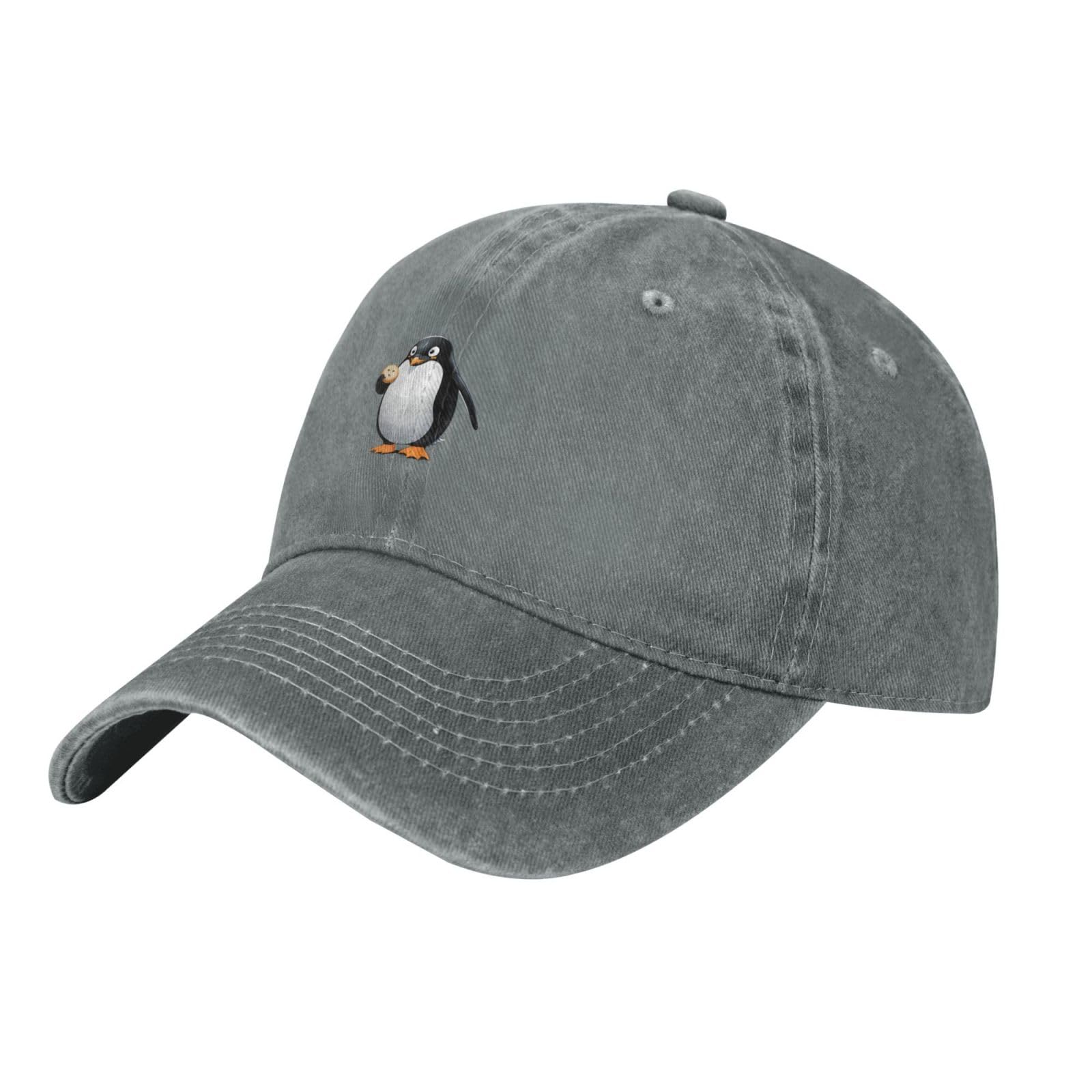 Udfkglp Unisex Gray Black Penguin Eating Biscuits Pattern Washed Cowboy Baseball Cap For Adults - Stylish And Breathable Hat, One Size
