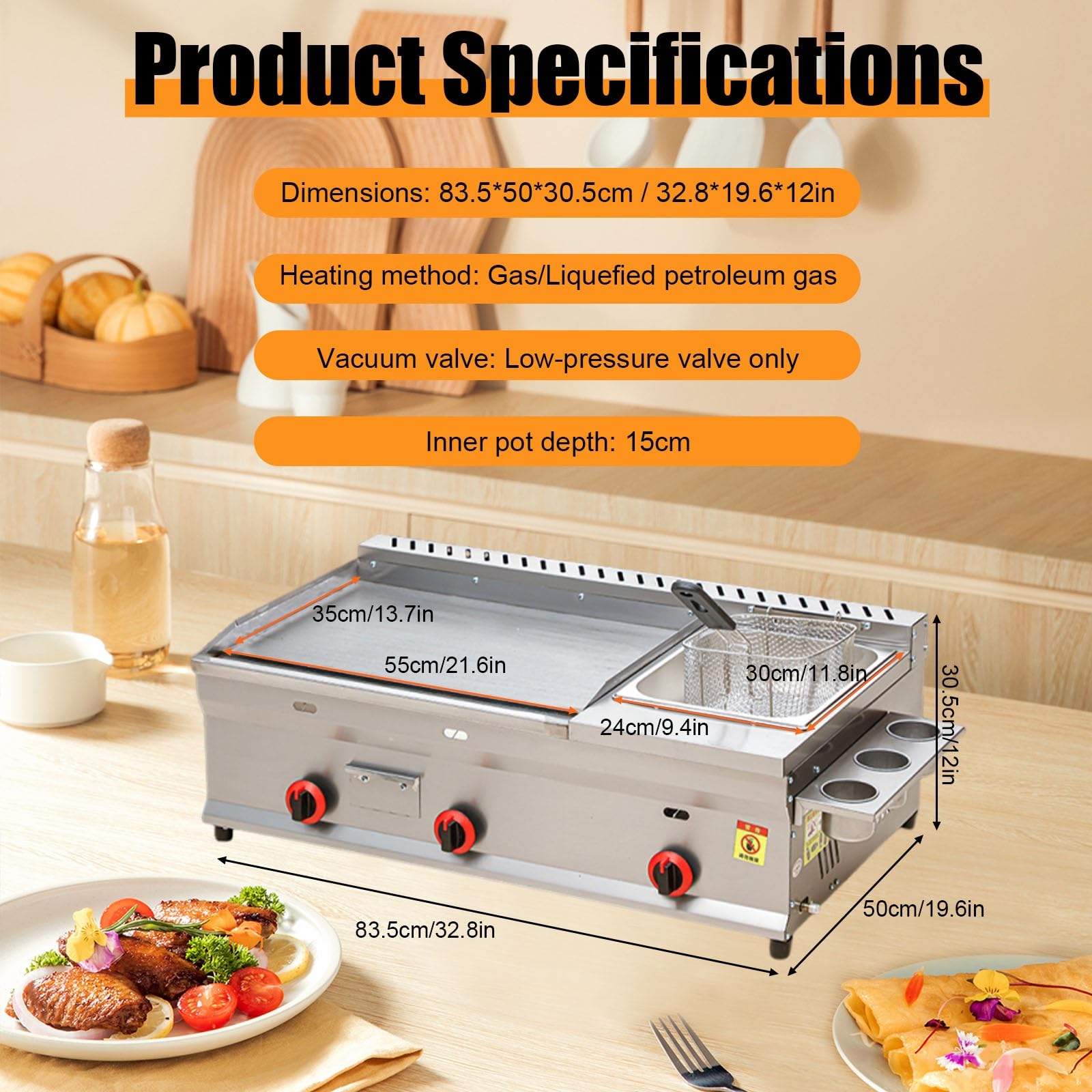 Friggitrice Professionale Inox Piastra a Gas Con Friggitrice, Riscaldamento Rapido Con Struttura in Acciaio Resistente per Cucine Commerciali Molto Frequentate(Commercial)