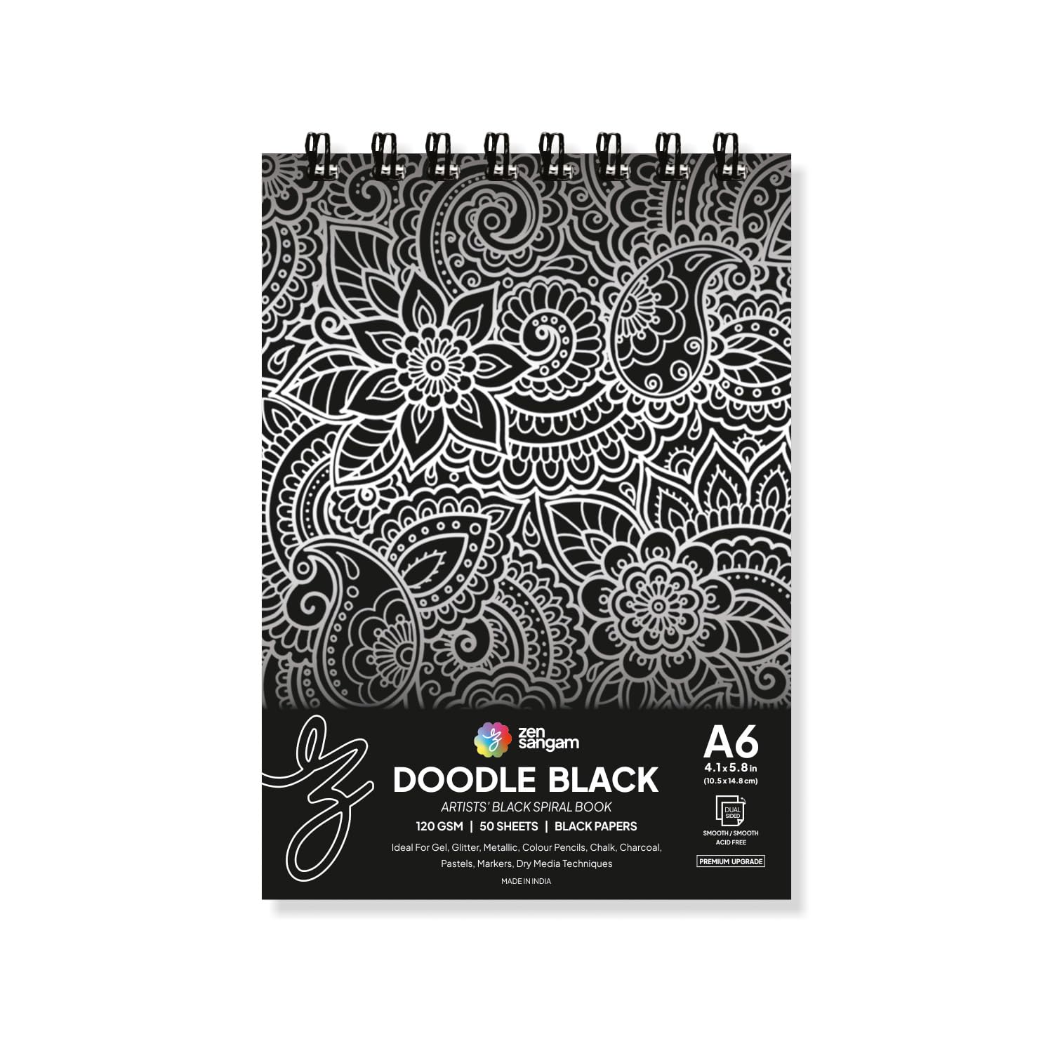 Zen Sangam Black Paper A6 (Landscape) Mini Sketchbook Drawing Note - 120GSM - 50 Sheets (100 Pages) - Wiro Spiral Bound - for Crafts, DIY, Rough Notebook - Scrap Book - Kids Play Book - Kids Gifts