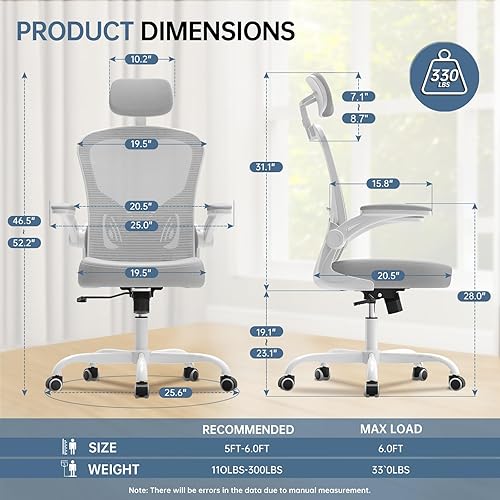 Miniatura 2 de Silla de oficina ergonómica de escritorio, capacidad de 330 libras, silla de computadora con respaldo alto para largas horas, silla giratoria con