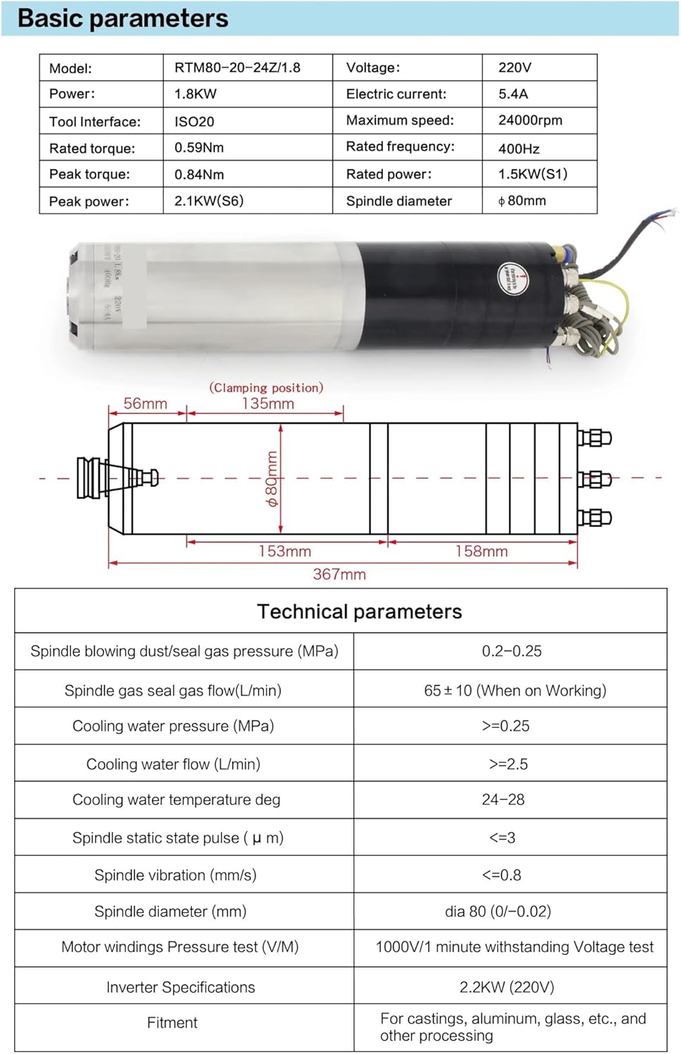 ATC Automatic Tool Changer Water-cooled Spindle Motor,ISO20 220V 1.8KW,for CNC Milling Machine