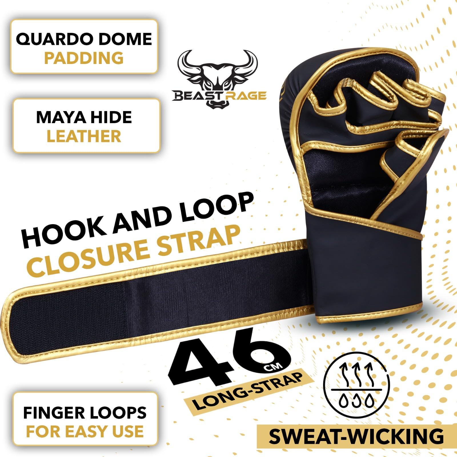 BEAST RAGE Guanti da MMA con Supporto per Polso Regolabile e Palmo Aperto per Arti Marziali, Grappling, Sparring, Muay Thai, Combattimento, Taekwondo, Kickboxing, Boxe, Allenamento