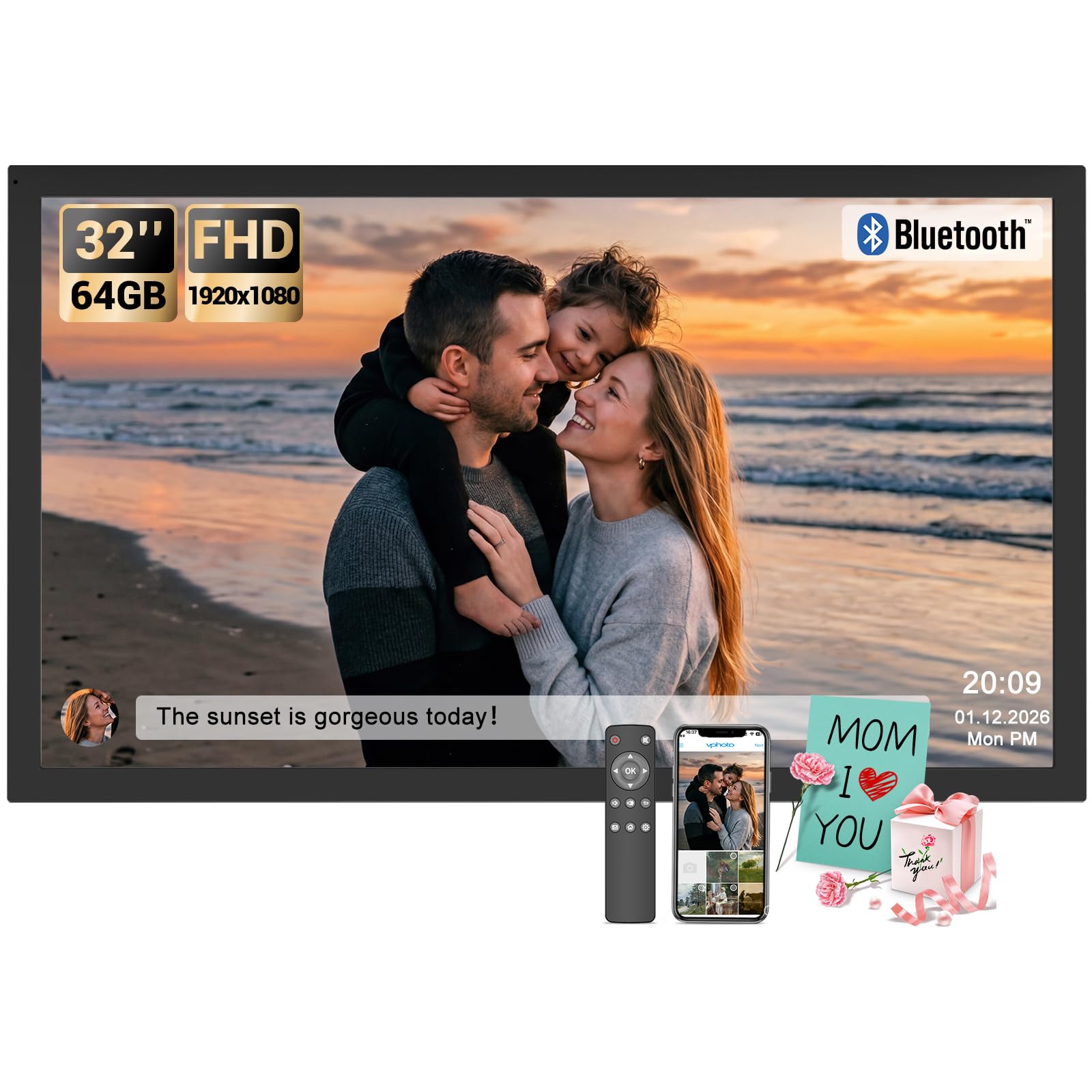 BSIMB Large Digital Picture Frame 32 Inch, 64GB 1920x1080 FHD WiFi Digital Photo Frame Electronic Display, Wall Mount Included, Share Pictures/Videos