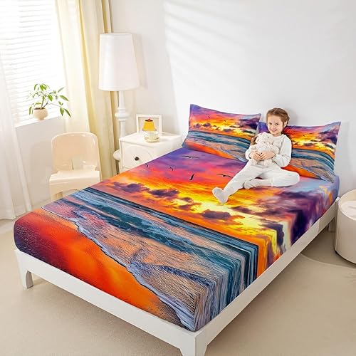 Erosebridal Juego de sábanas bajeras de playa con diseño de océano, diseño de nubes rosas de ensueño, diseño de olas marinas de Hawaii, para niños,