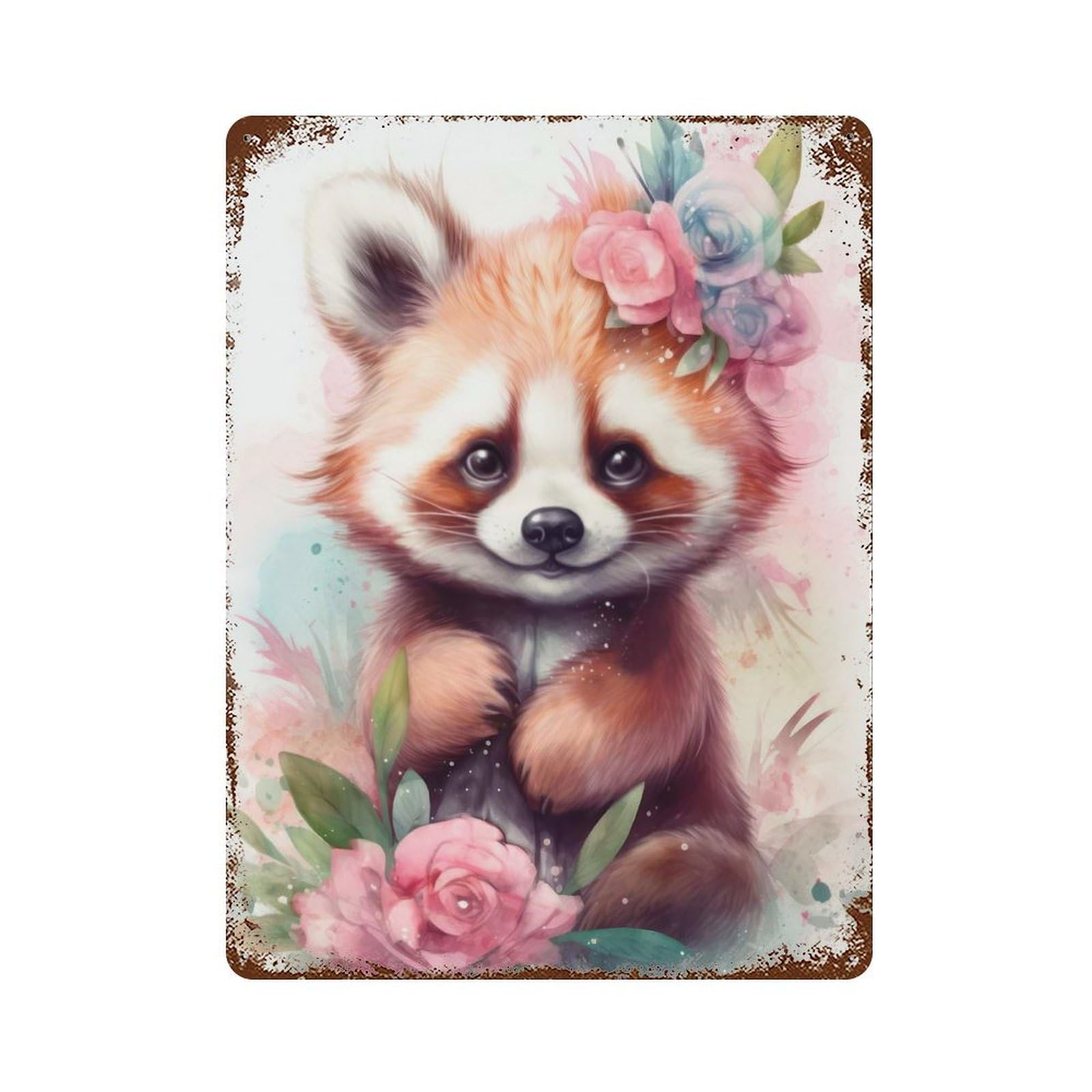 Cute Little Red Panda 15.7"x11.8" Distressed Metal Wall Sign, Shabby Chic Decor for Shed, Workshop And Garage Wall Decor