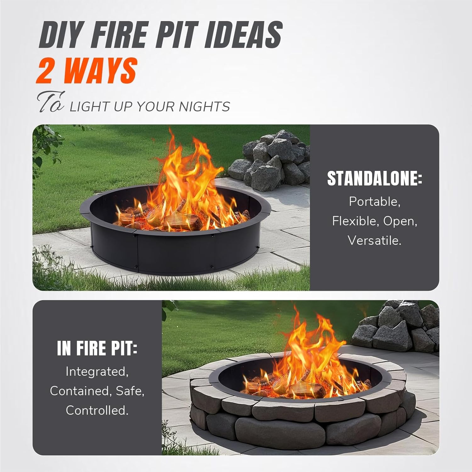 INNOSTAGE 36 Inch Fire Pit Ring (40 Inch Outer), Heavy Duty Steel Fire Ring for Outside, Large Round Fire Pit Insert, DIY Camping Fire Ring, Above or In-Ground, Black Carbon for Backyard Patio Bonfire