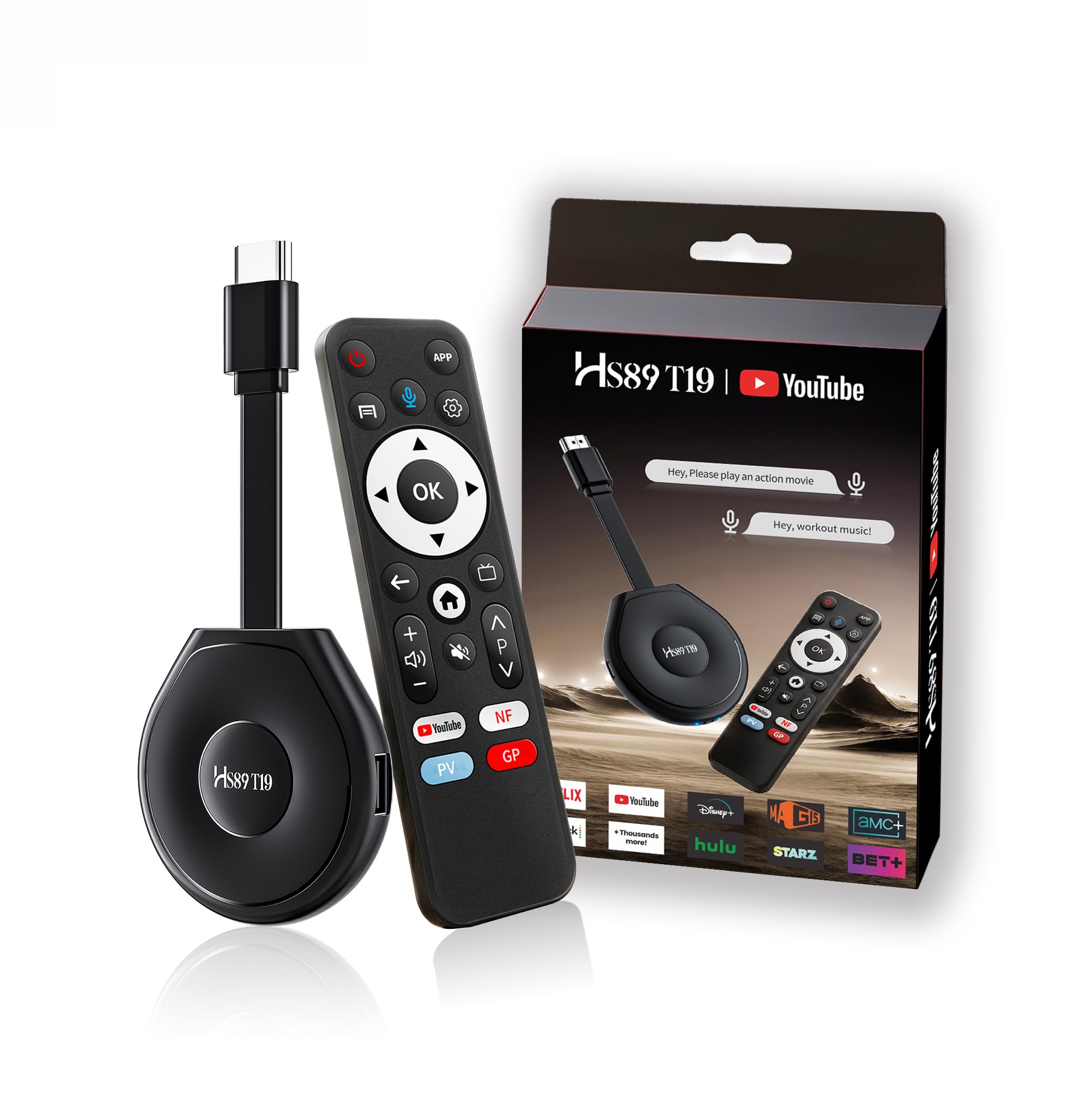 HS89 T19 TV Stick Android 14 4K Ultra HD, 2 Go RAM 16Go ROM RK3539 WiFi 6 Bluetooth 5.4 HDR10+, Smart TV Stick Box Android 14.0 avec Assistant de Télécommande Vocale, Appareil de Streaming Intelligent