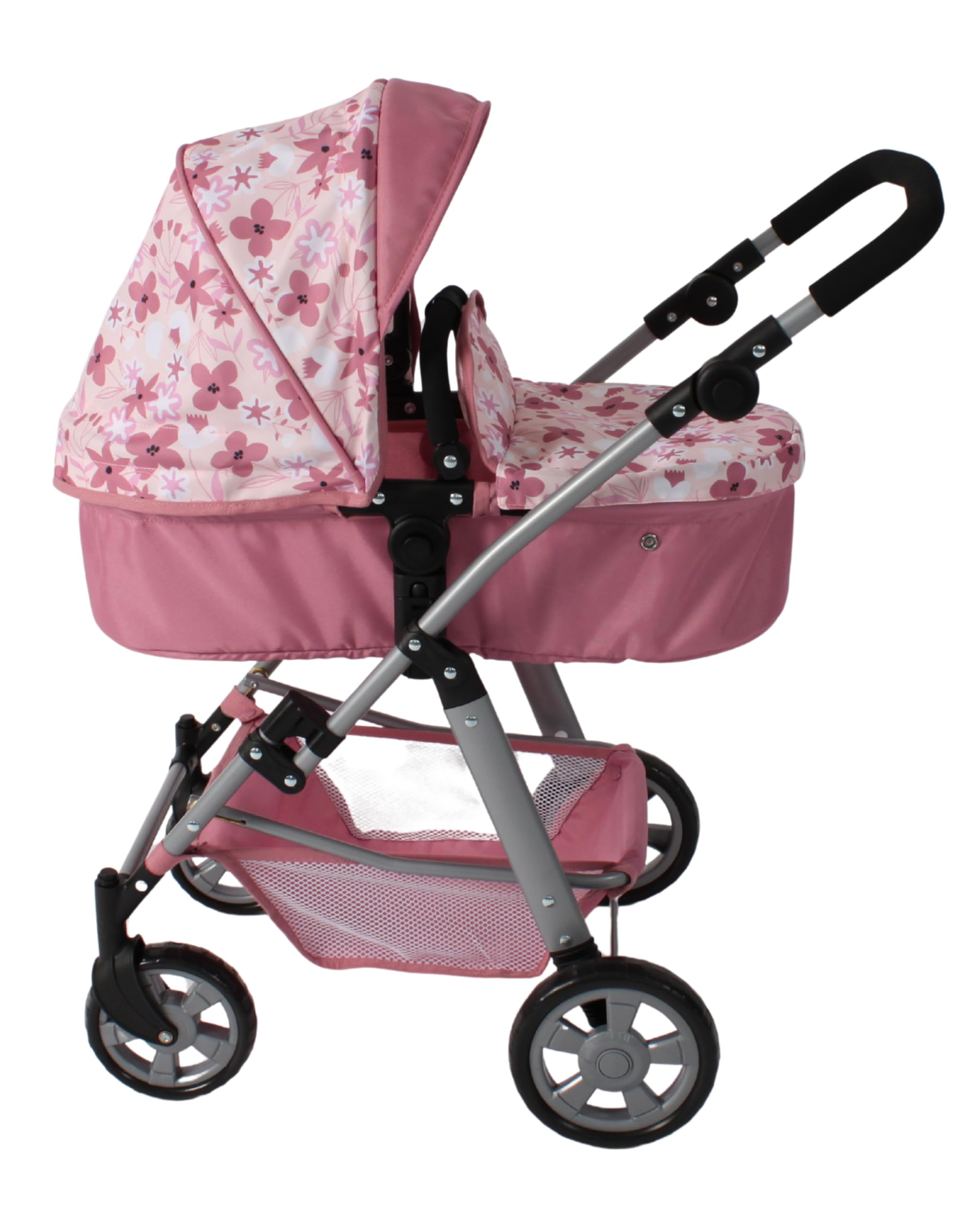 Bayer Chic 2000 Puppenwagen Nele | 2in1 Kombi-Buggy Flowers Rosa | Großer 2in1 Kombi-Puppenwagen mit umwandelbarer Wanne für Puppen bis 50 cm. Flowers Rosa, extra hoher Griff 45-84 cm.