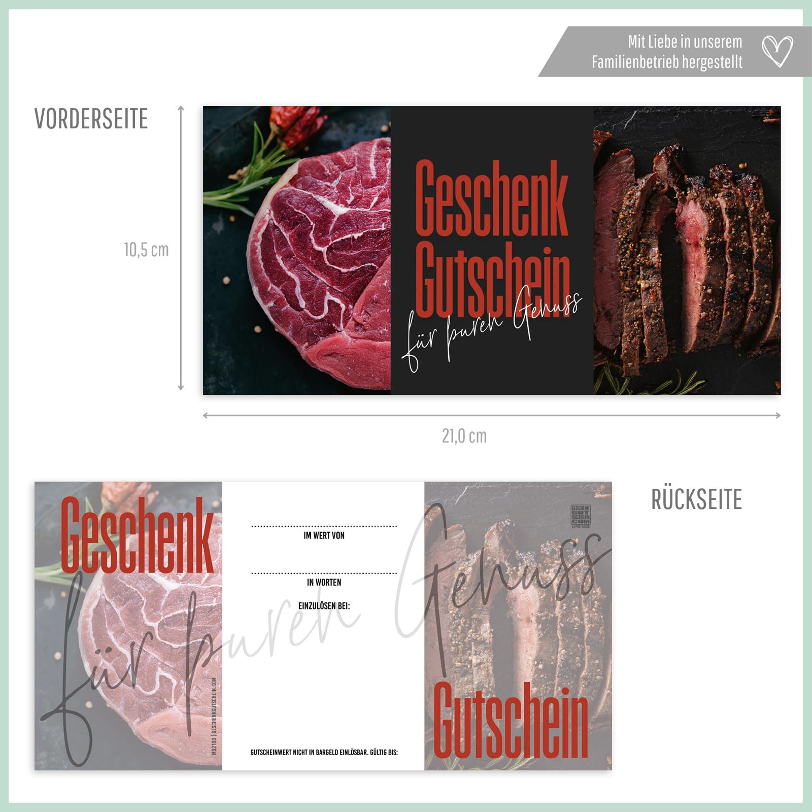 GESCHENKGUTSCHEINcom - 50 Gutscheine blanko mit Umschlag für Fleischerei Metzgerei Kunden. Metzgergutschein - Vordruck/Formular M92100-1-50