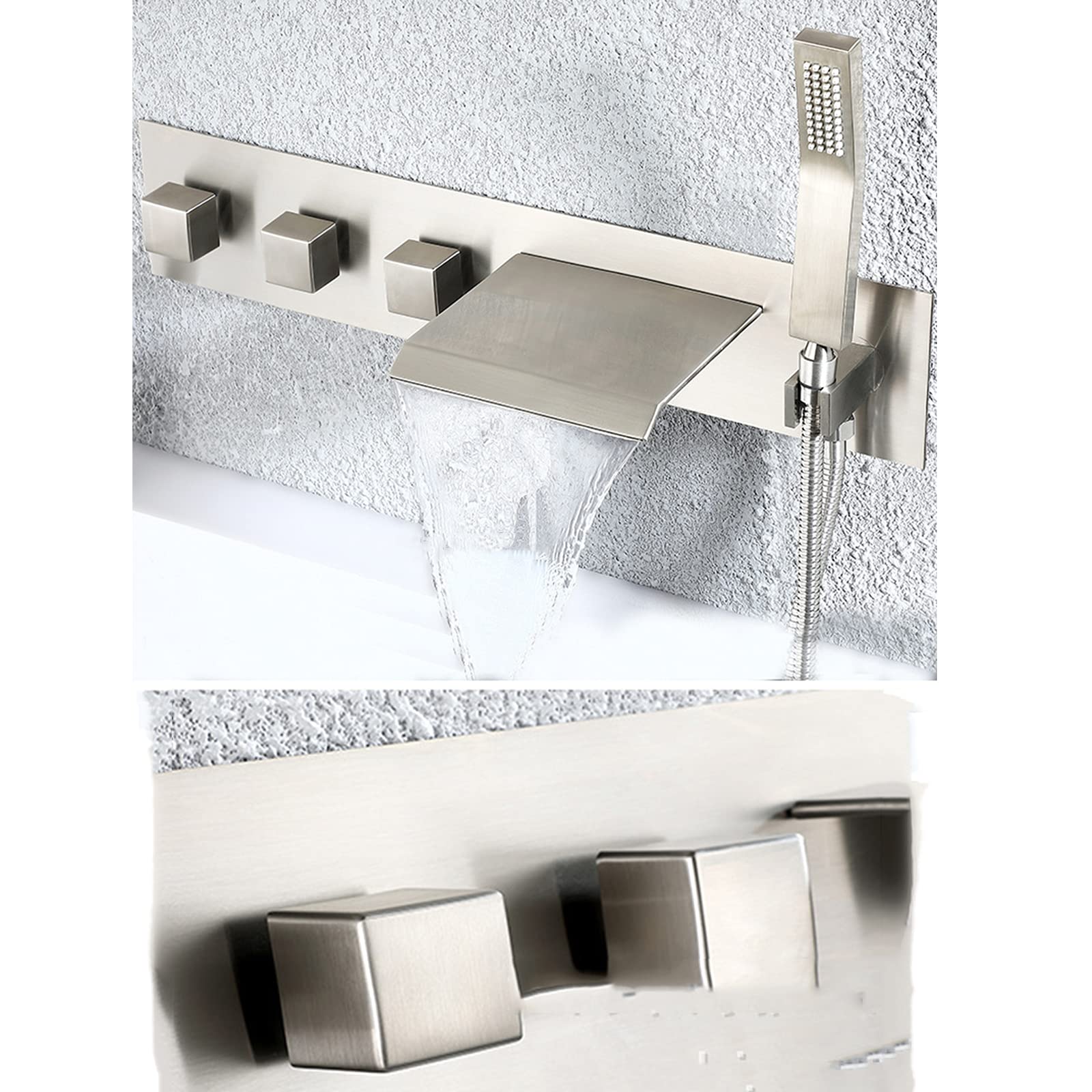 Grifo para bañera Grifo para bañera en cascada Grifo para baño de latón Pared con grifo para bañera con ducha de mano Grifo para bañera con 3 manijas y 5 orificios Válvula de cerámica Grifos para baño
