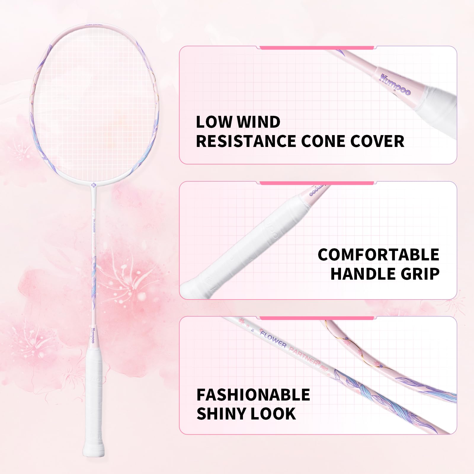 Racchetta da badminton professionale 4U leggera ad alta resistenza, in fibra di carbonio, set rosa con nastri antiscivolo e copertura per principianti, giocatori intermedi, Flower Partner Pro