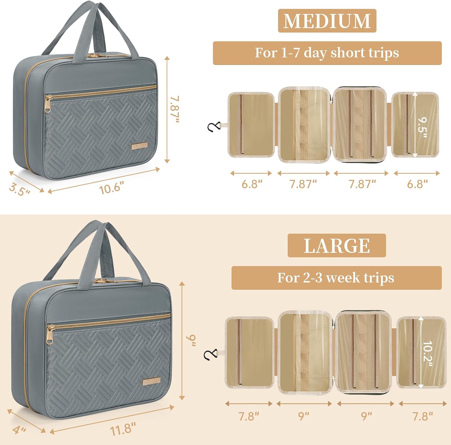 Travel Toiletry Bag for Women & Men Water Resistant Makeup Bag with Hanging Hook Portable Travel Organizer for Travel Accessories, Travel-Sized Shampoo, Toiletries (Large-Grey)
