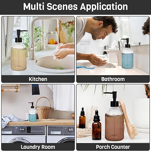 Miniatura 3 de Paquete de 2 dispensadores de jabón de vidrio transparente con bomba, dispensador de jabón recargable de 13.5 onzas con rayas verticales para lavar