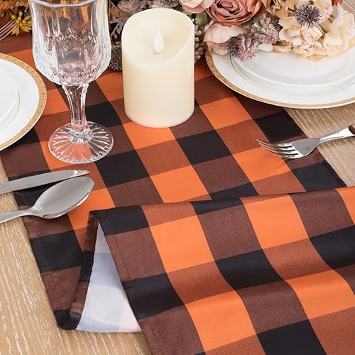 MLMW Paquete de 2 caminos de mesa a cuadros de búfalo de Halloween de 12 x 108 pulgadas, camino de mesa de satén a cuadros naranja y negro para