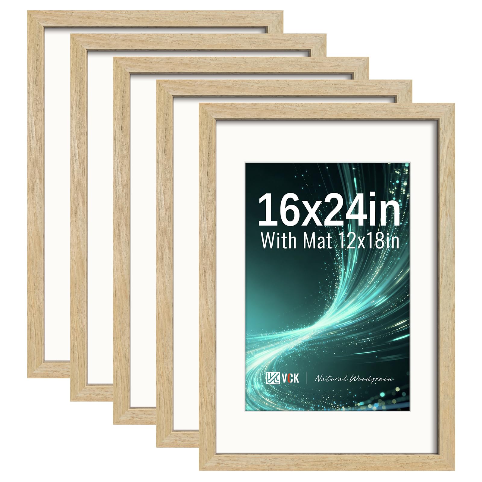 VCK 16x24 Picture Frame 5 Pack, Natural Exclusive Wood, 12x18 Mat, for Arts