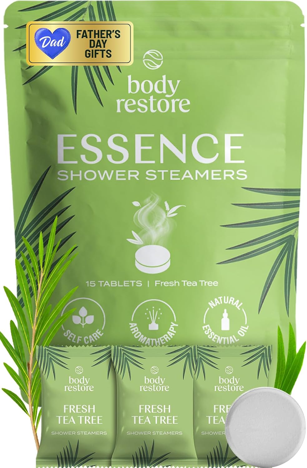 Body Restore Shower Steamers Aromatherapy 15 Pack – Fathers Day Gift for Dad, Birthday Gifts for Women and Men, Relaxation Stress Relief Self Care – Premium Tea Tree Essential Oil Tablets