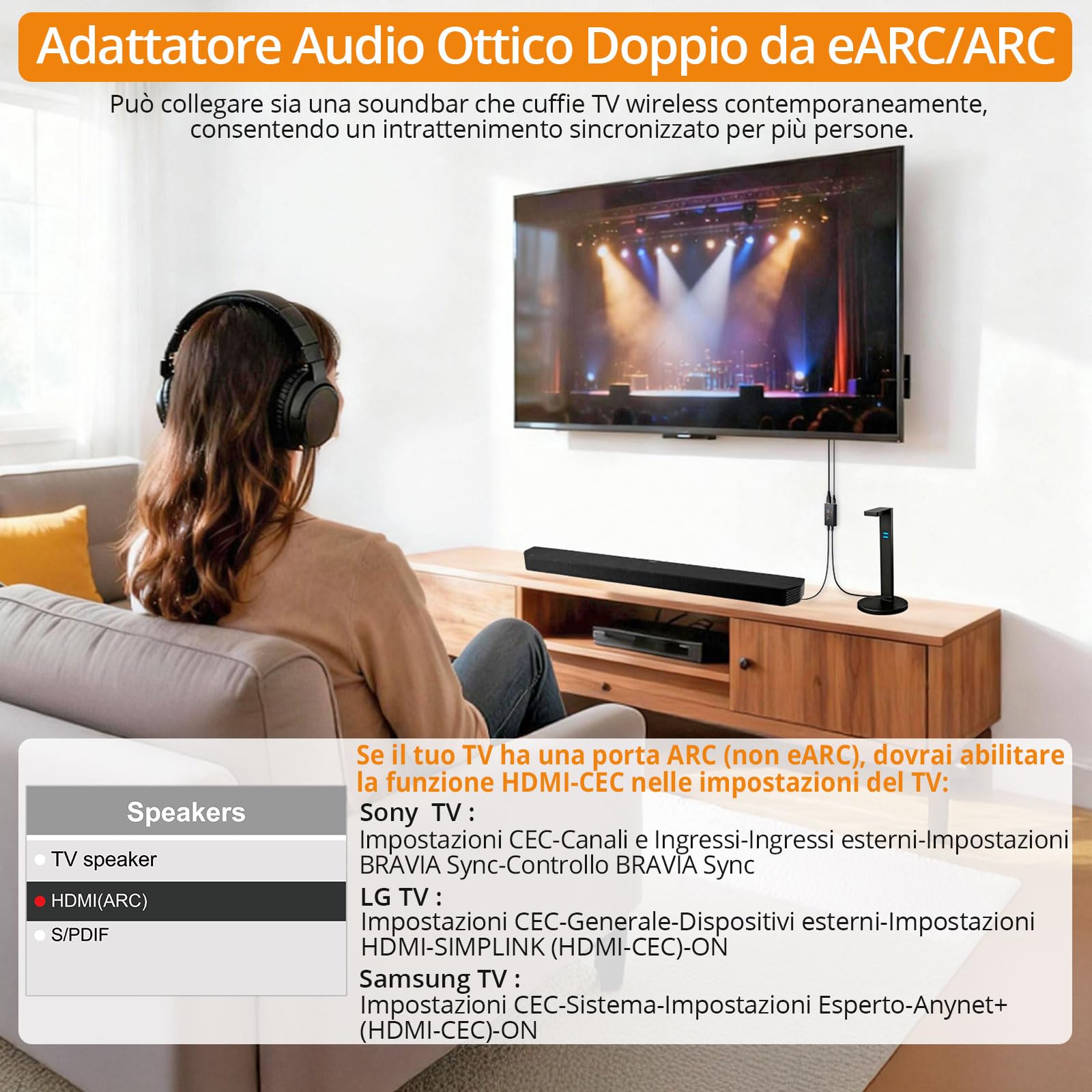 Neoteck Adattatore HDMI eARC/ARC Doppio Ottico 192KHz Uscita Sincronizzata | Convertitore Audio PCM 2.0 Surround 5.1 Plug e Play per Soundbar Cuffie Wireless Amplificatori TV e Sistemi Home Theater