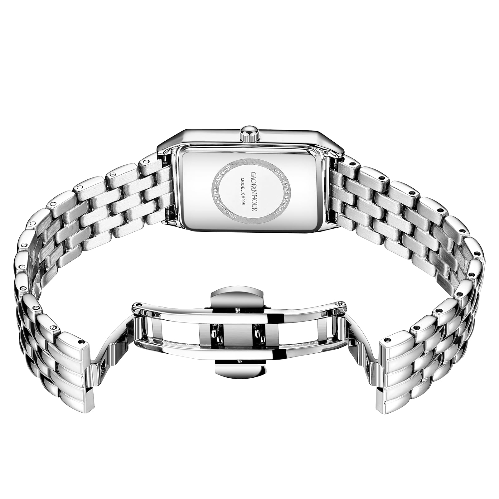 Orologio da donna dorato con cassa rettangolare vintage, quadrante romano bianco, cinturino in acciaio inossidabile, strumento di regolazione incluso, resistente all'acqua