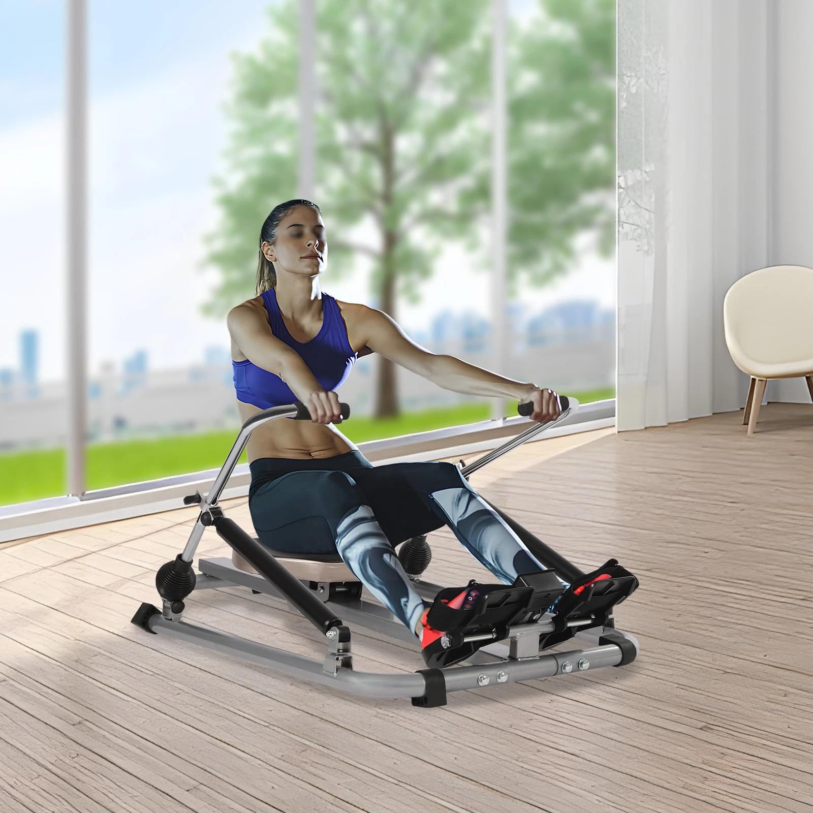 Máquina de remo plegable para el hogar | Máquina de remo hidráulica con pantalla LCD | Máquina de remo para el hogar 120 kg de carga, ergómetro de remo para entrenamiento de cuerpo entero