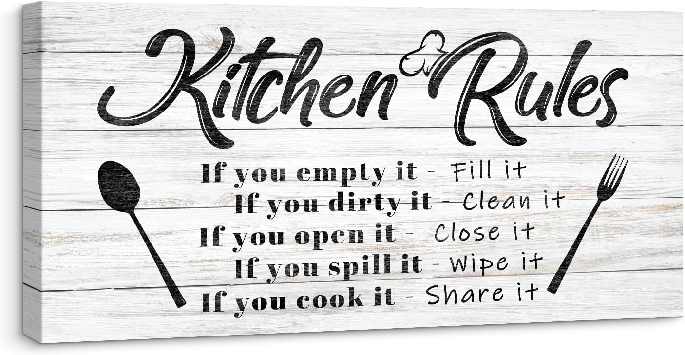 Pinetree Art Kitchen Rules Wall Decor Funny Inspirational Quote Canvas Print Art Modern Rustic Farmhouse Kitchen Decorative (8X16 Inch, W)
