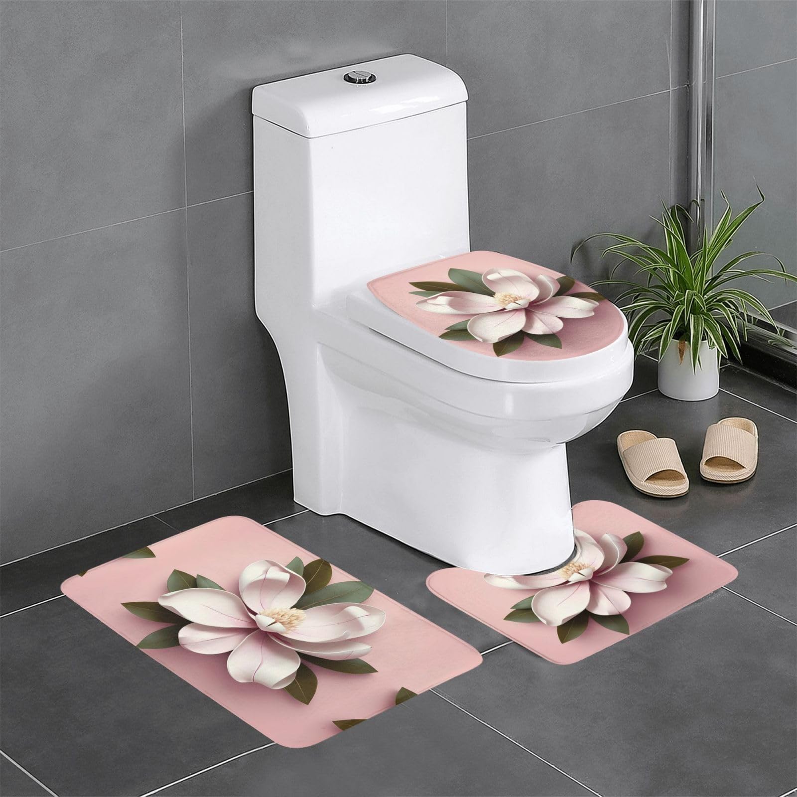 Tapis de sol antidérapant en flanelle motif magnolia 61x40.6 cm par lot de 3 pour salle de bain