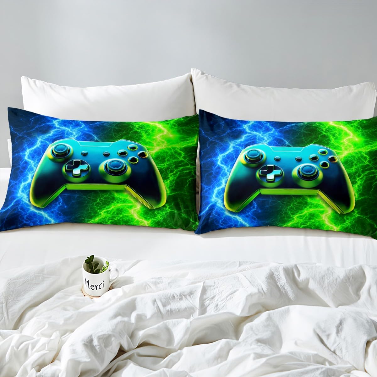 Modern Gamer Duvet Cover Set Single Size, Blue-Green Lightning Gamepad Comforter Cover with 1 Pillowcase, Video Games Bedding Set 2pcs for Kids Boy Room Decor Gaming Reversible Bedspread Cover - Image 4