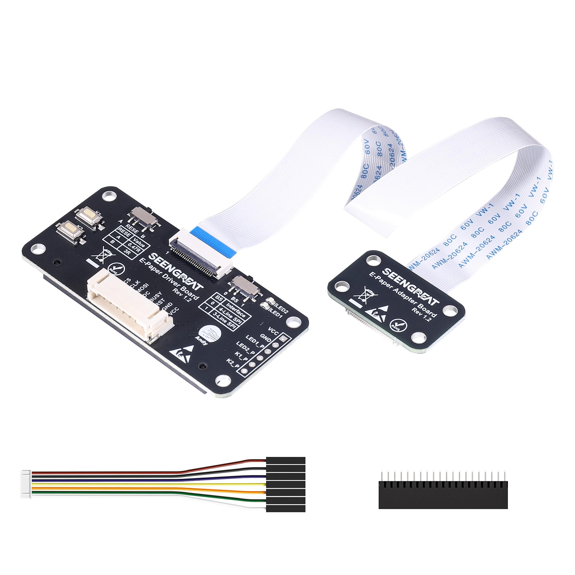 Universal SPI E-Paper/E-Ink Display Driver Board Kit, Raspberry Pi 40-Pin GPIO Interface, 3.3V/5V Level Shifter, with Adapter Board + FPC Cable + 2x20 Header, Compatible with Arduino/STM32/ESP32