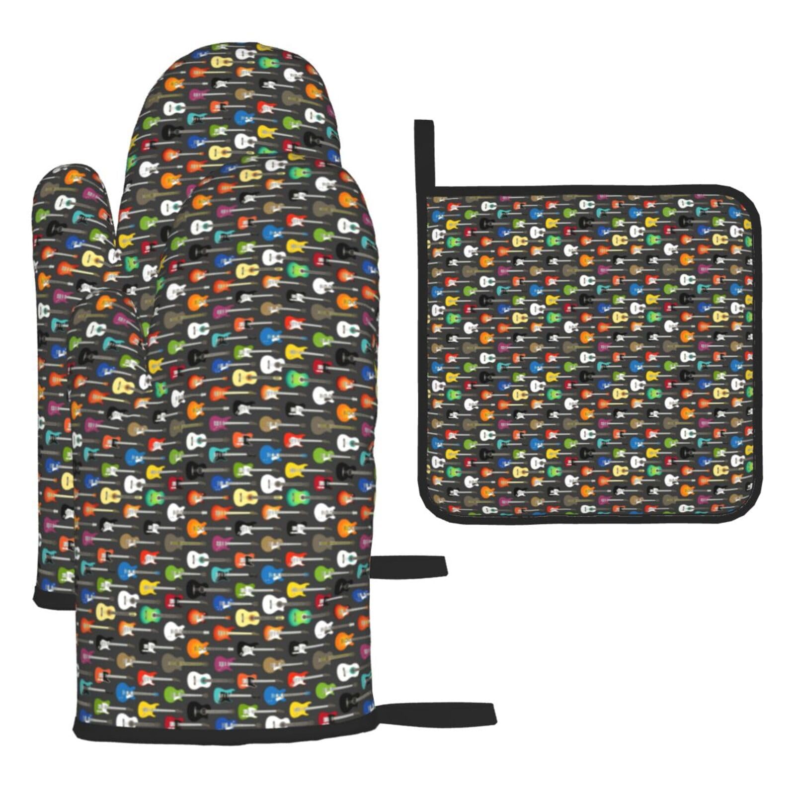 Color Acoustic And Guitars Print Oven Set Kitchen Gloves Baking Grilling Microwaving Cooking Gift Everyday Holiday