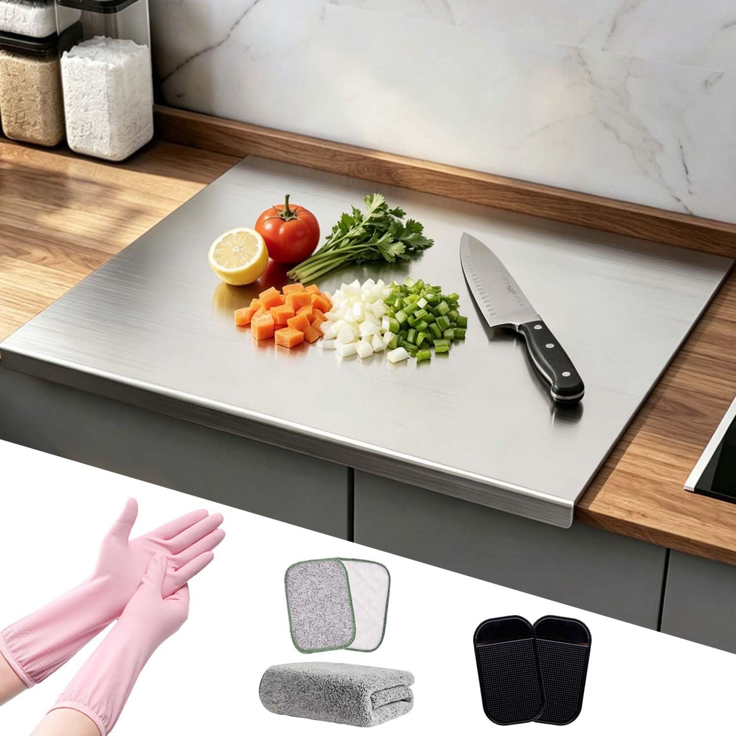 Planche de cuisine inox avec rebord anti-glisse et facile à laver