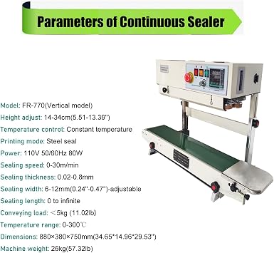 Continuous Band Sealer FR770 Sealing Machine Auto Impulse Bag Sealer Vertical Type Sealing Machine with Digital Display for PVC Aluminum Foil Film Plastic Bag Seal Work, 110V (Vertical Type)