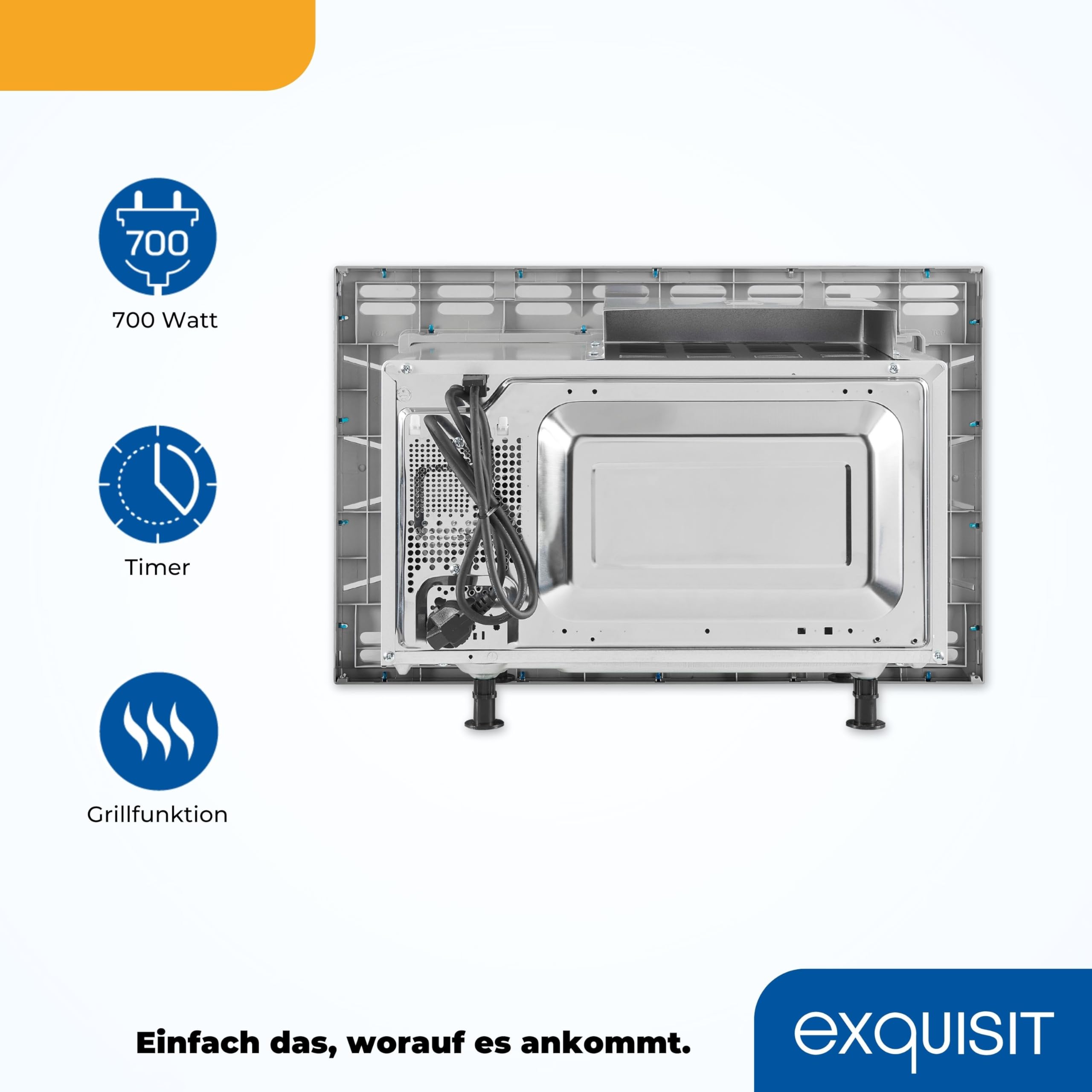 Exquisit Einbaumikrowelle mit Grill 900 W - 20 L, Silber/Edelstahl | 5 Leistungsstufen, Drehteller 24,5 cm, Einbaumaße B 59,5 x H 38,4 x T 33,5 cm, digitale Anzeige