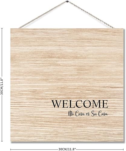 Miniatura 2 de Letrero de madera con texto en inglés "Welcome In Spanish para sala de estar, letrero de casa de campo, placa de madera para colgar, 12" x 12"