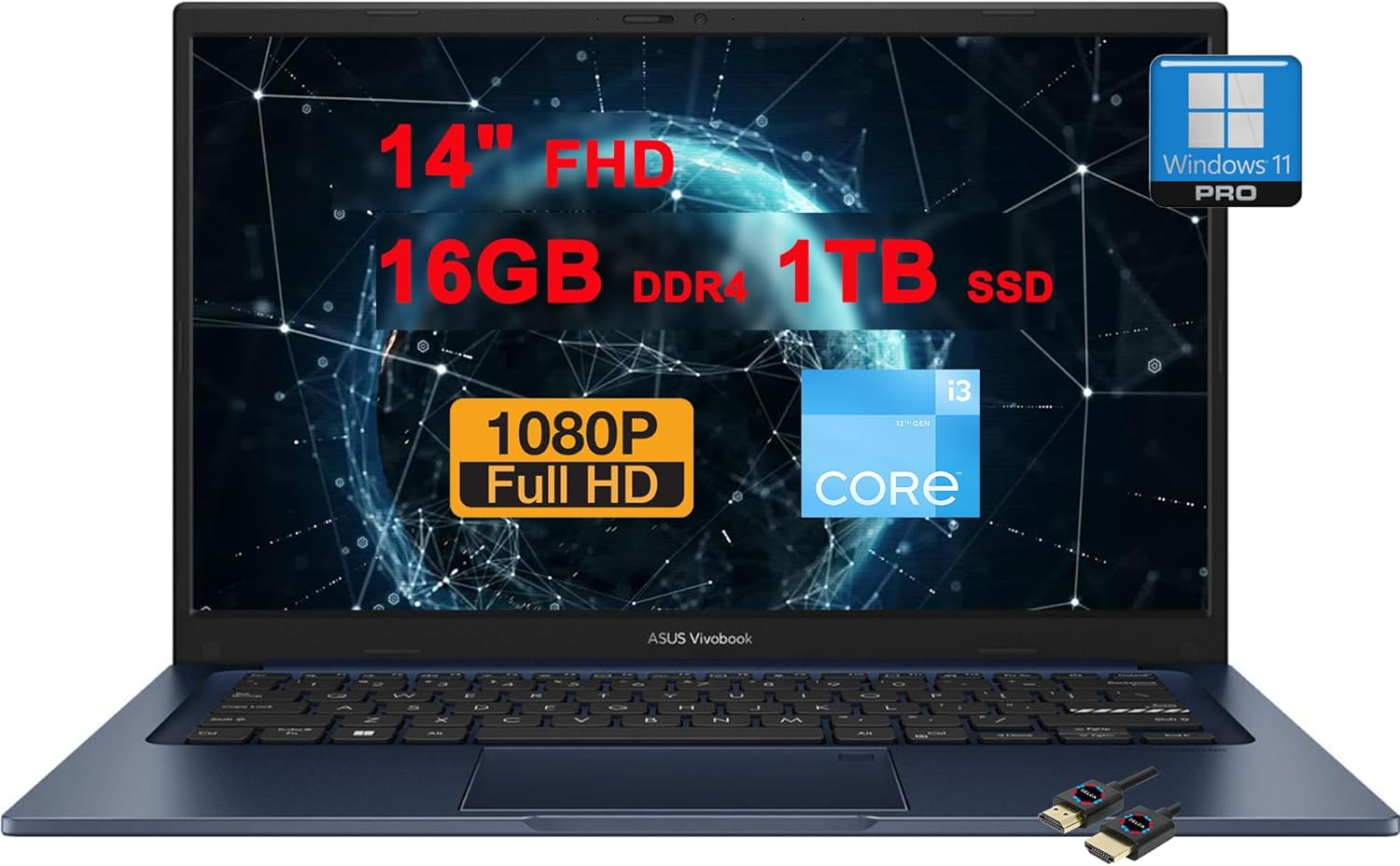 ASUS VivoBook 14 Business Laptop | 14" FHD Anti-Glare | Intel Hexa-core i3-1215U (>i7-1165G7) | 16GB DDR4 1TB SSD | Type-C Privacy Webcam SonicMaster Win11Pro Blue + HDMI Cable