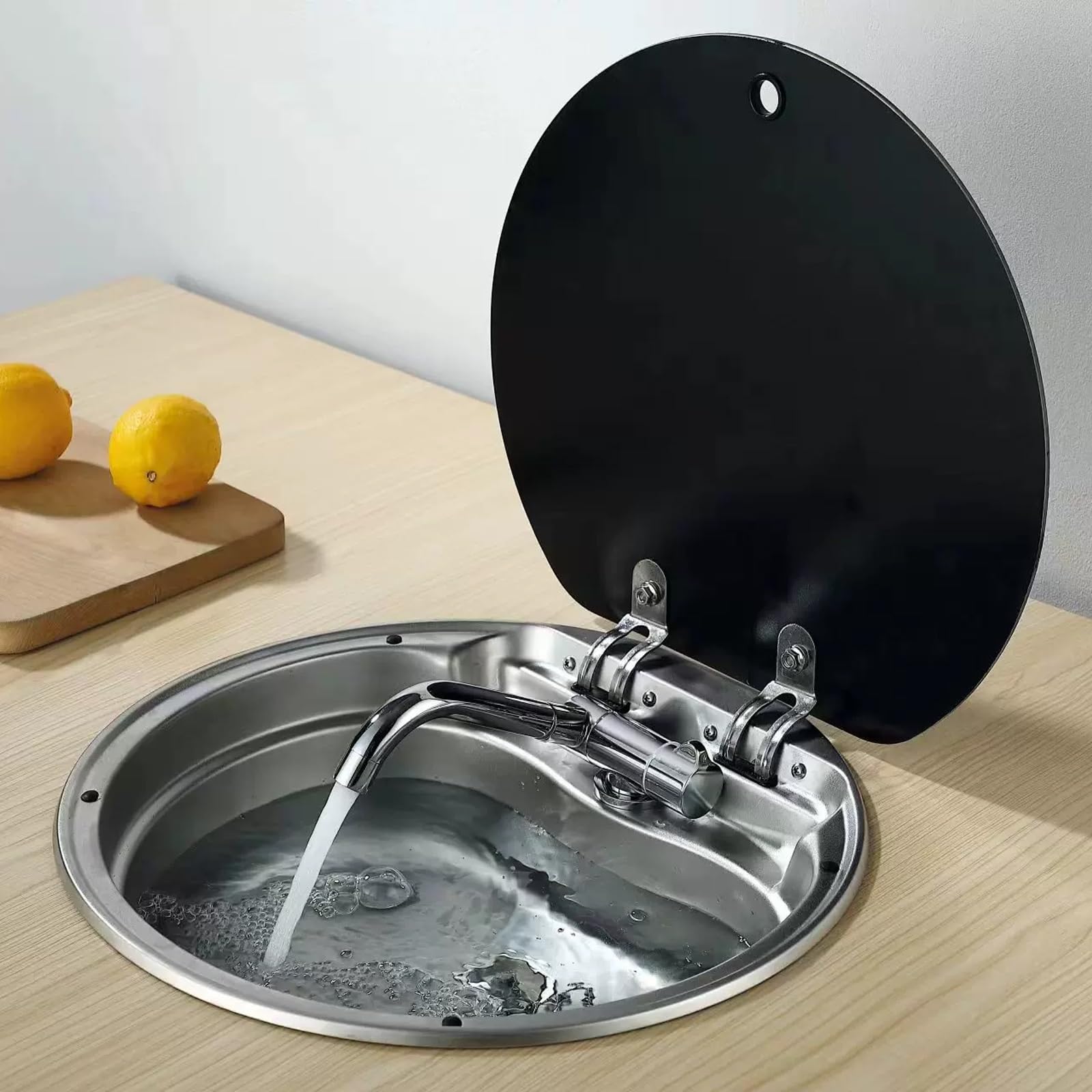 Lavello Rotondo RV 40cm, Lavello Camper a Incasso in Acciaio Inox 304, Piccoli Lavelli Cucina RV con Rubinetto Pieghevole & Pannello Fonoassorbente