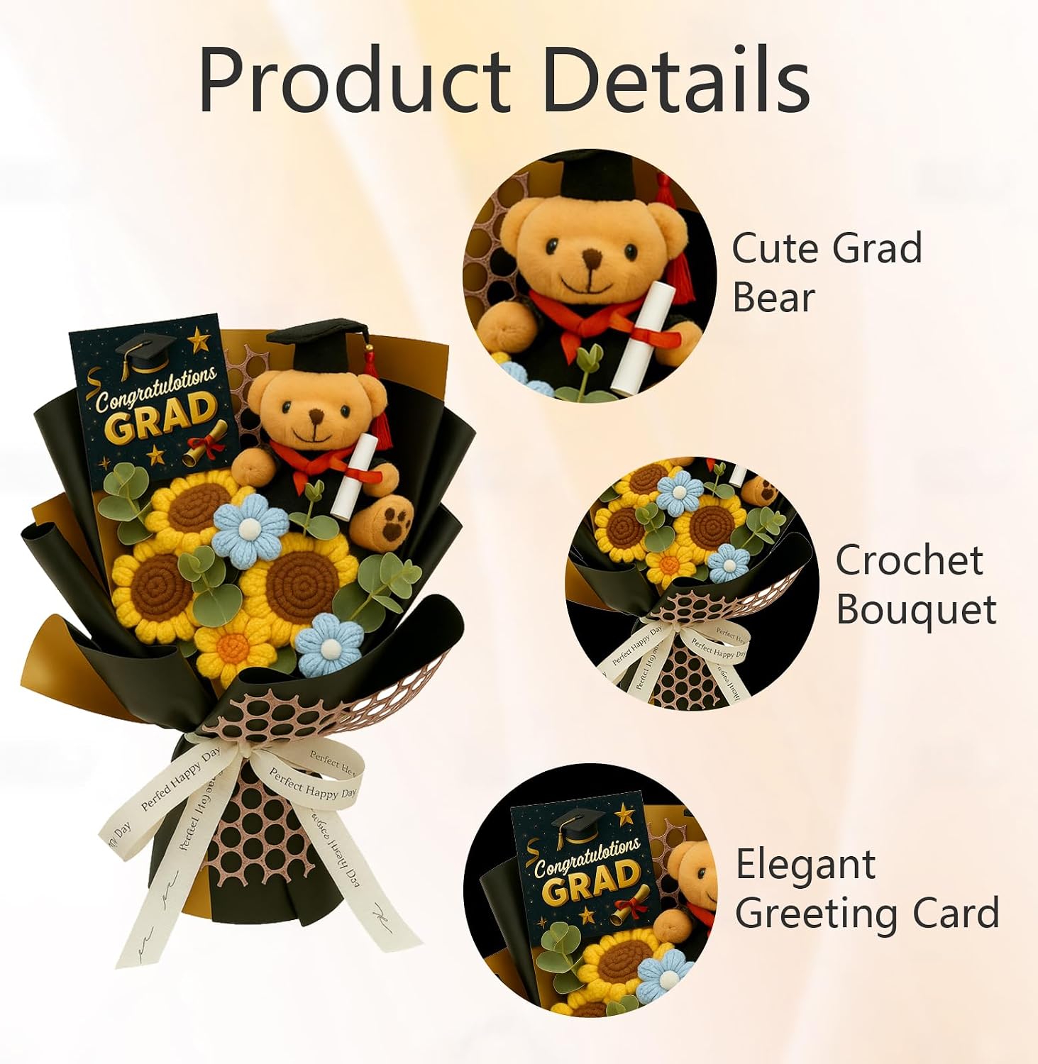 Class of 2026 Graduation Bear Crochet Flower Bouquet Set, Crochet Sunflower Floral with Card & Clear Window Bag for Grad Party Props, Home Decor and Graduation Gifts