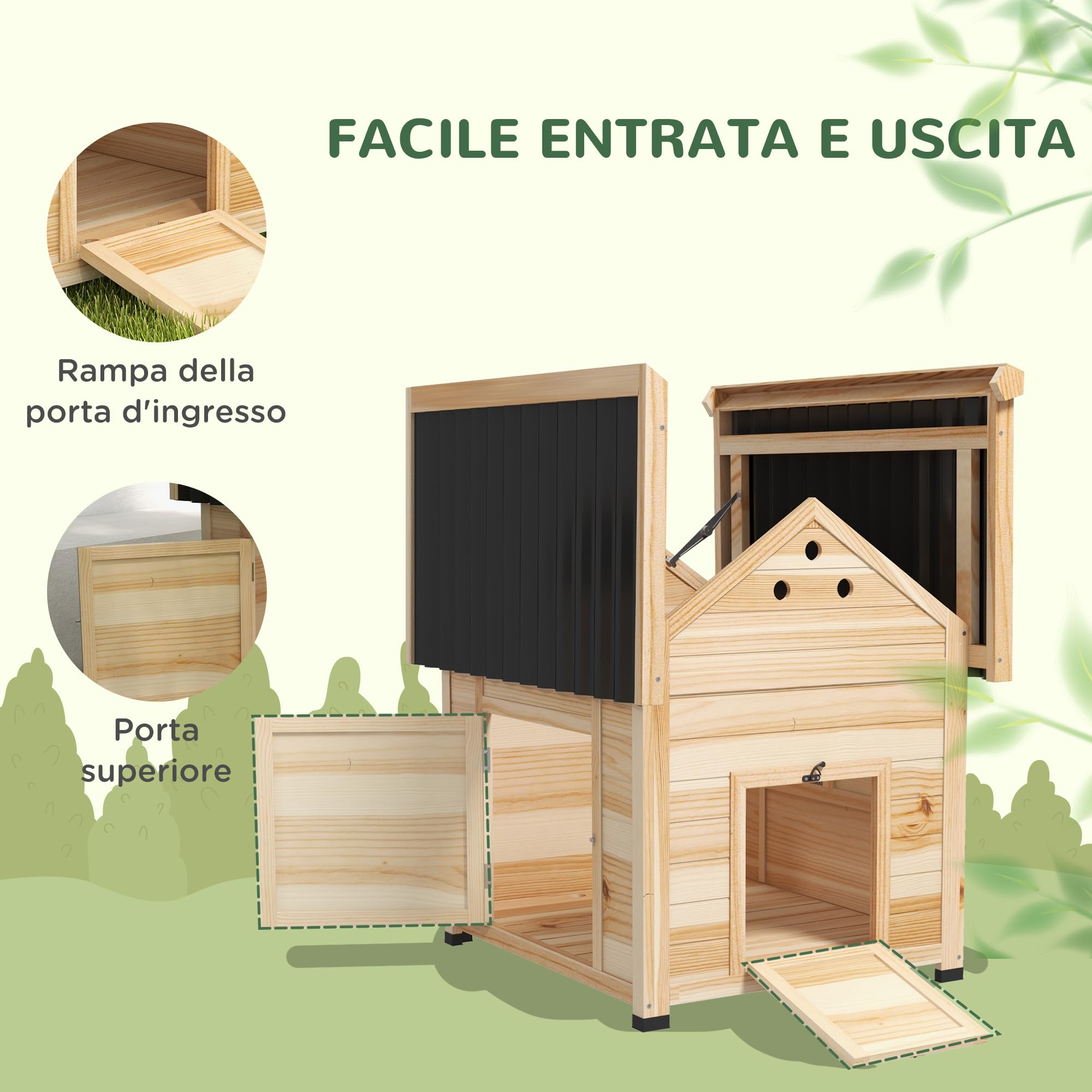 PawHut Casetta per Anatre da Esterno, Stia per Anatre con Rampa, Fondo Rimovibile, Tetto Spiovente e Fori di Ventilazione, 78x90x92 cm, Legno