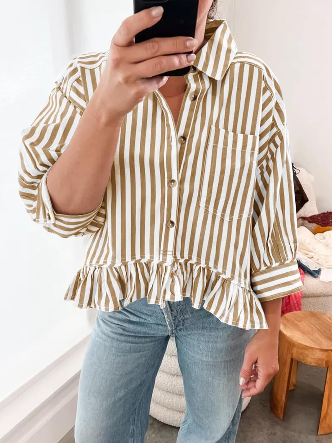 Cicy Bell Womens Cropped Striped Button Down Shirts Ruffle 3/4 Length Sleeve Summer Tops Dressy Casual Blouses - Image 2