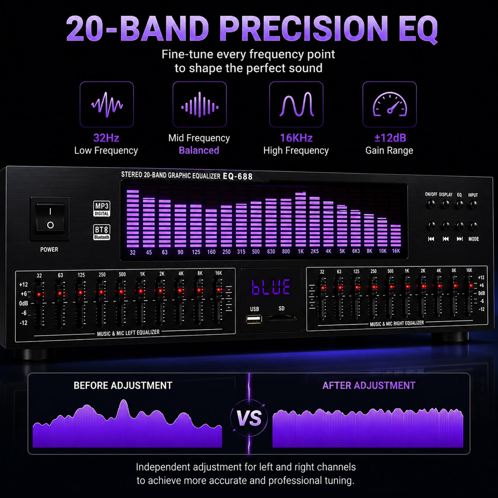 Égaliseur graphique stéréo, égaliseur numérique 20 bandes avec affichage LED, 15 modes dynamiques, télécommande, réduction du bruit pour studio et audio domestique